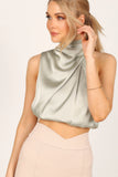 Arabella High Neck Drape Satin Top Olive