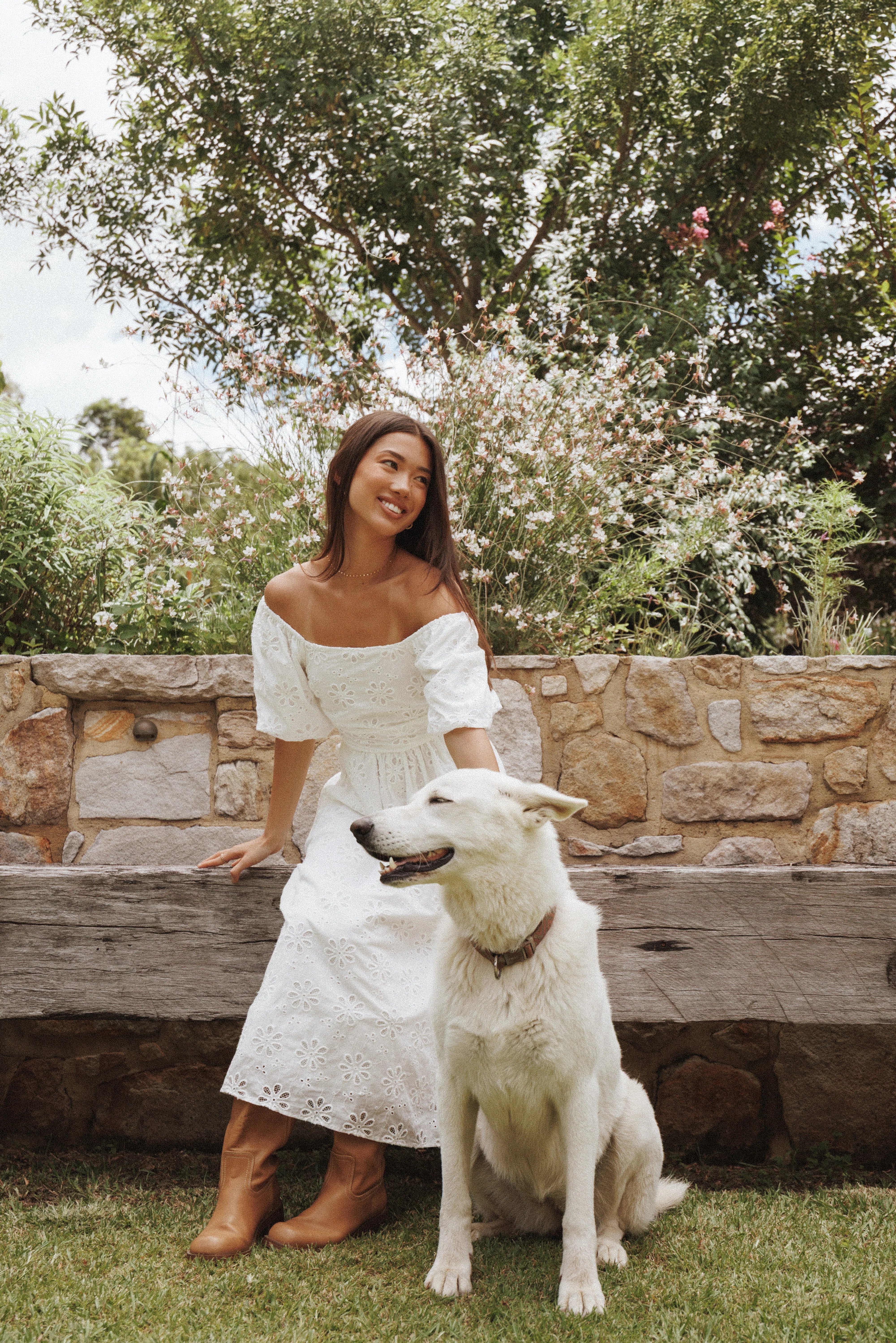 Clo Puff Sleeve Midi Dress White Broderie