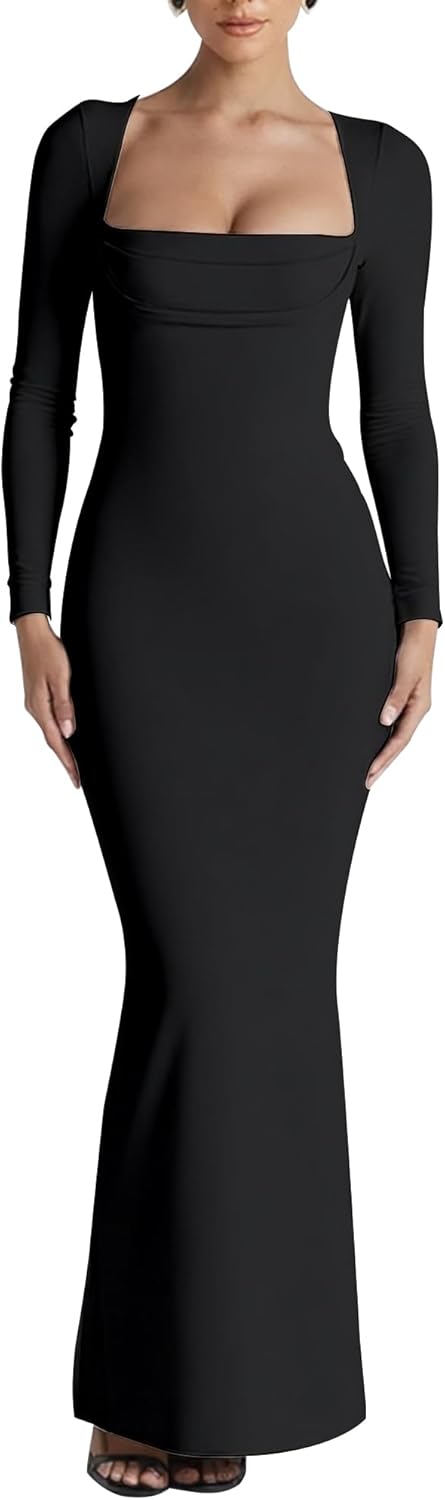 Long Sleeve Square Neck Bodycon Maxi Dress