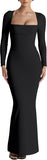 Sexy Long Sleeve Square Neck Bodycon Maxi Dress Split Cocktail Formal Long Dresses