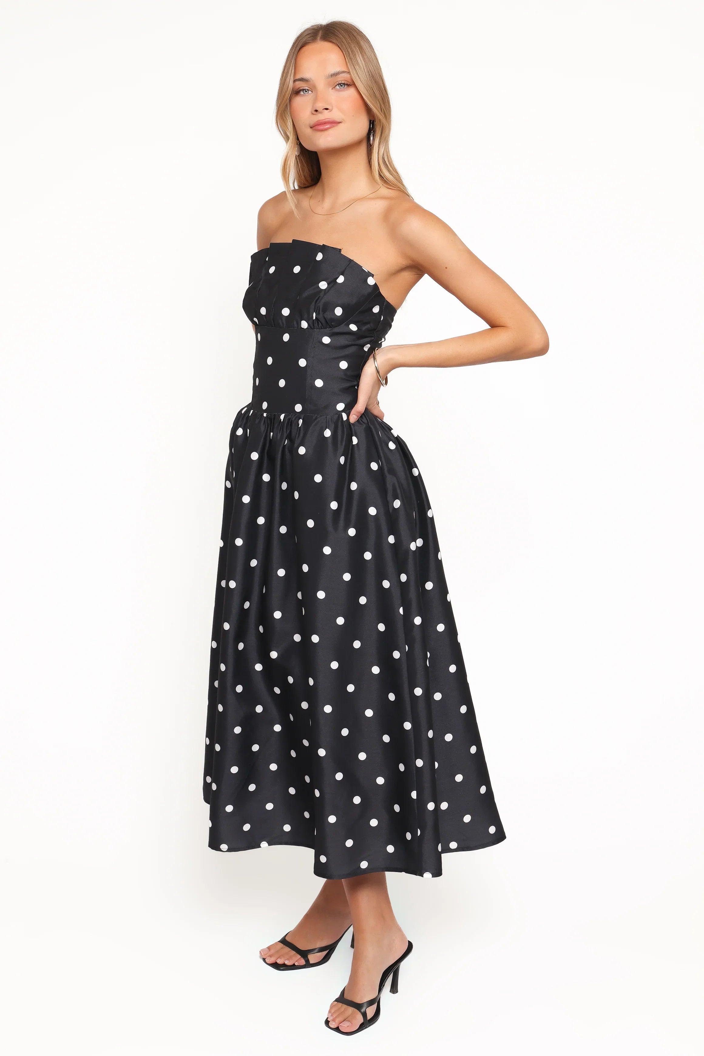 Kimbra Strapless Midi Dress Black Polka Dot
