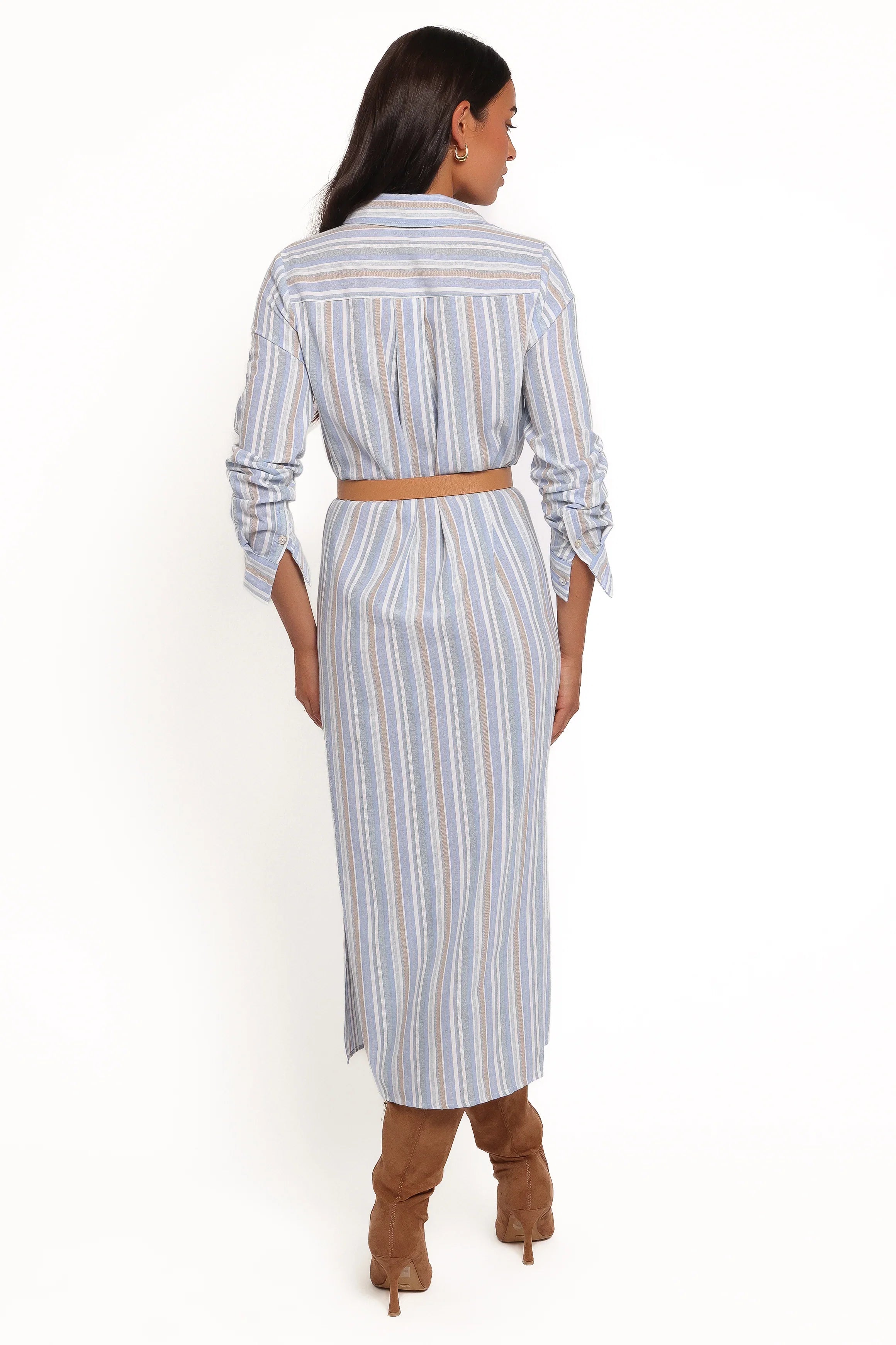 Caprice Long Sleeve Button Down Maxi Dress Blue Stripe