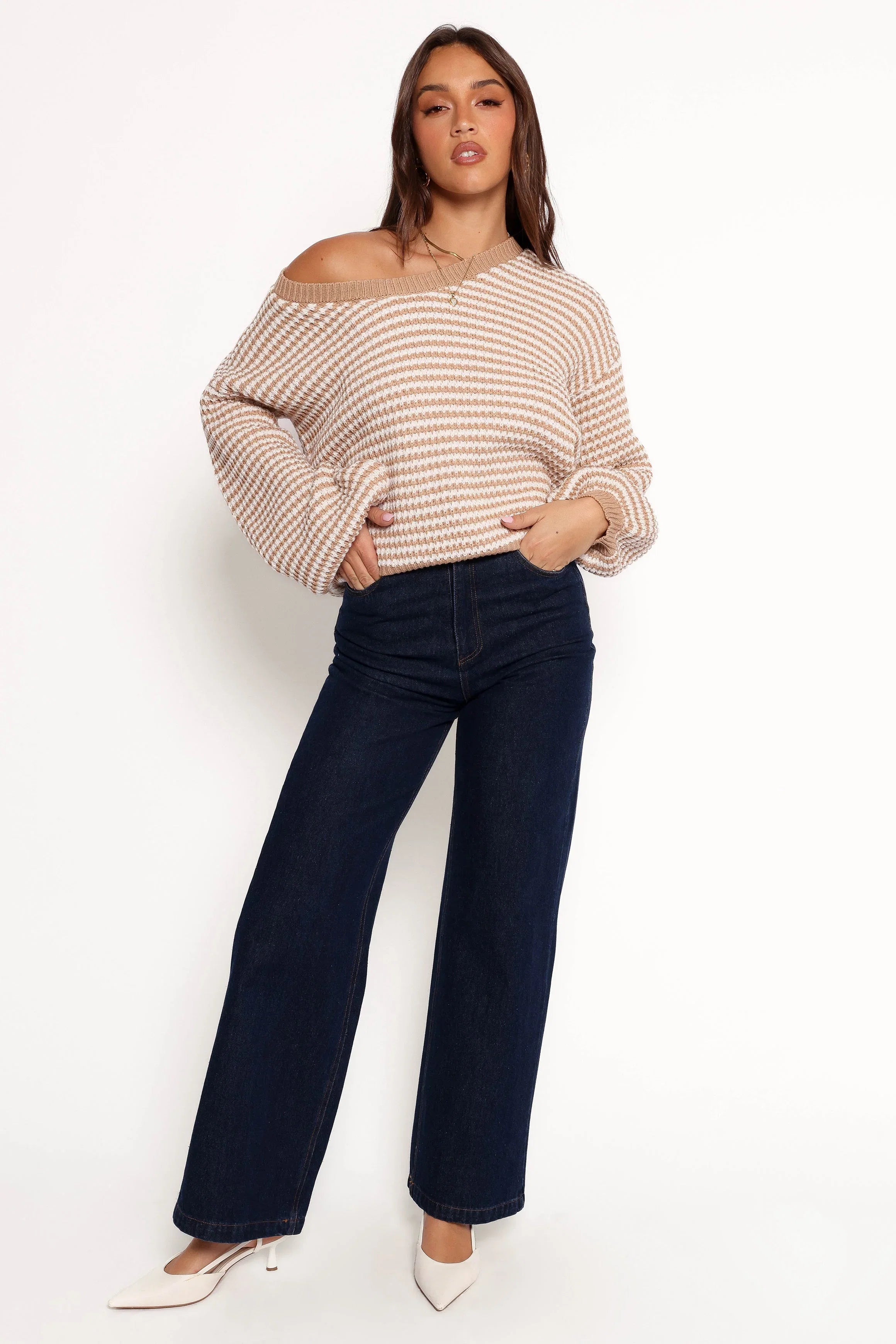 Becca Crewneck Waffle Stitch Stripe Knit Sweater Tan