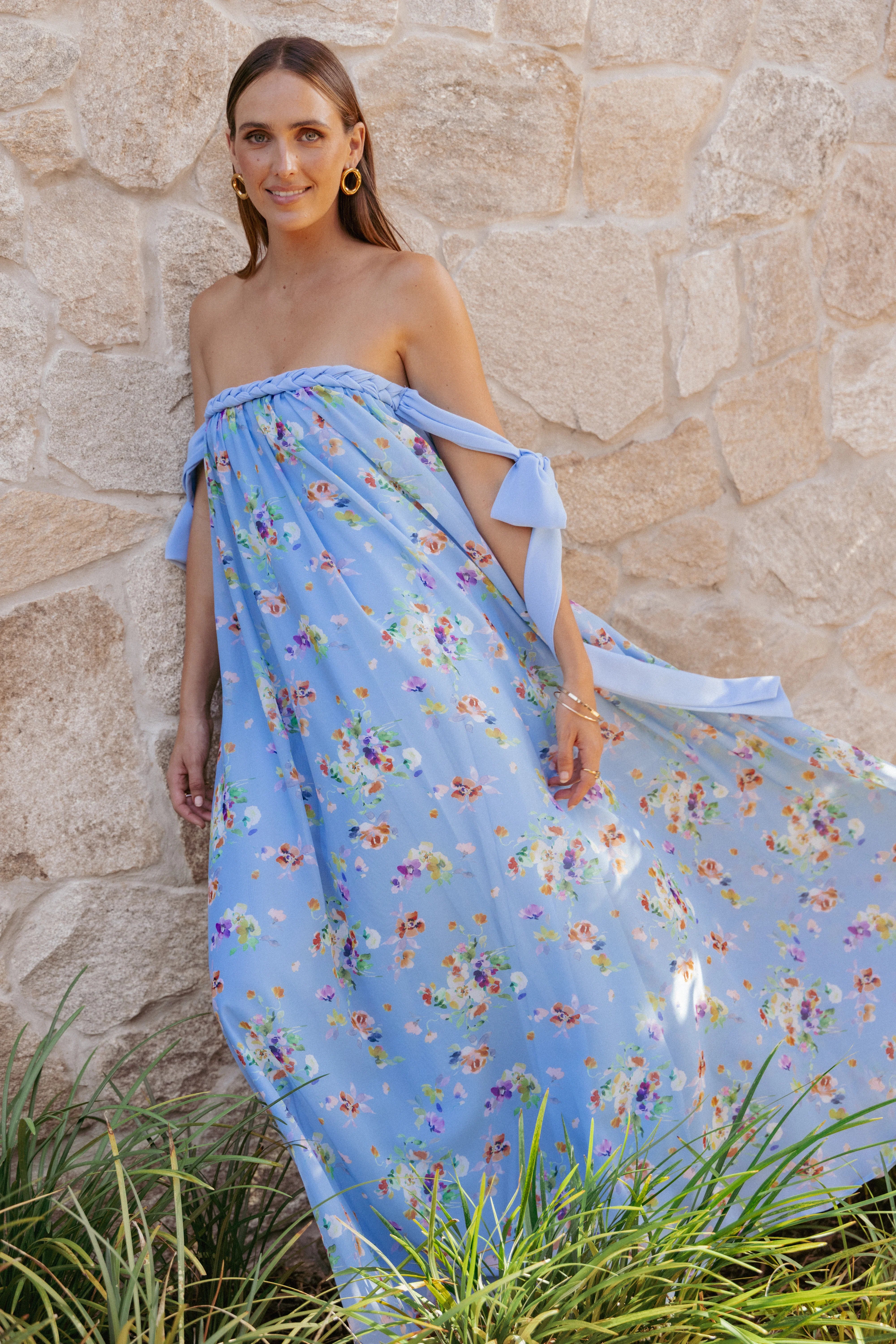 Codie Off Shoulder Maxi Dress Cornflower Blue Floral