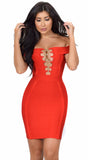 Frida Red Off Shoulder Gold Chain Criss Cross Bandage Dress