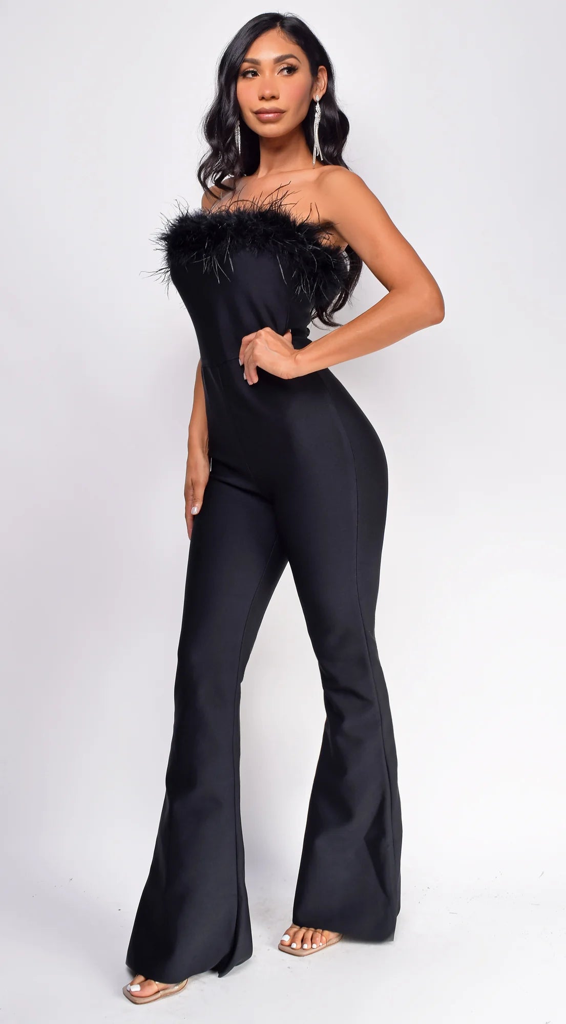 Xoey Feather Detail Bandage Jumpsuit Black