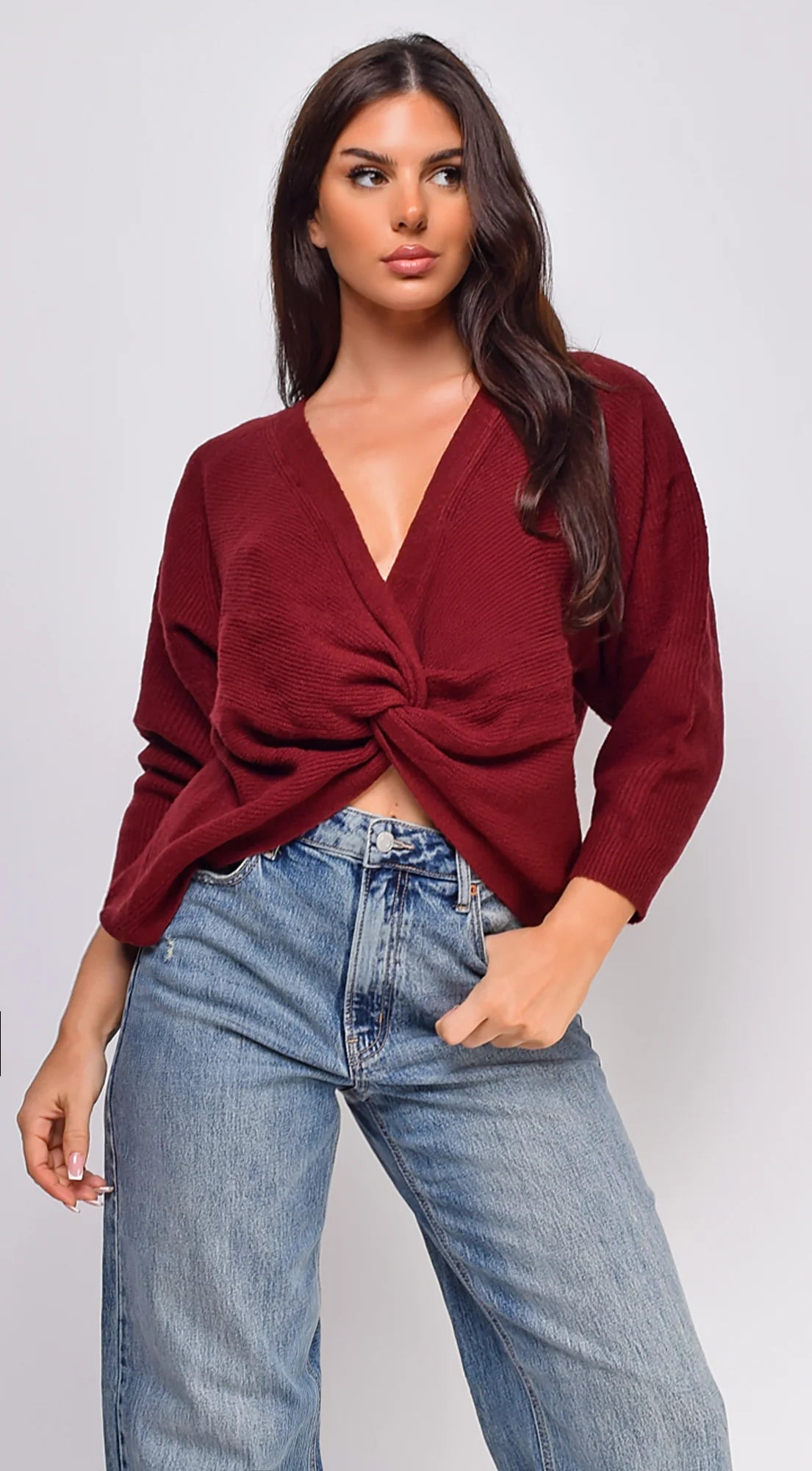 Savanne Twist Detail Convertible Sweater Burgundy