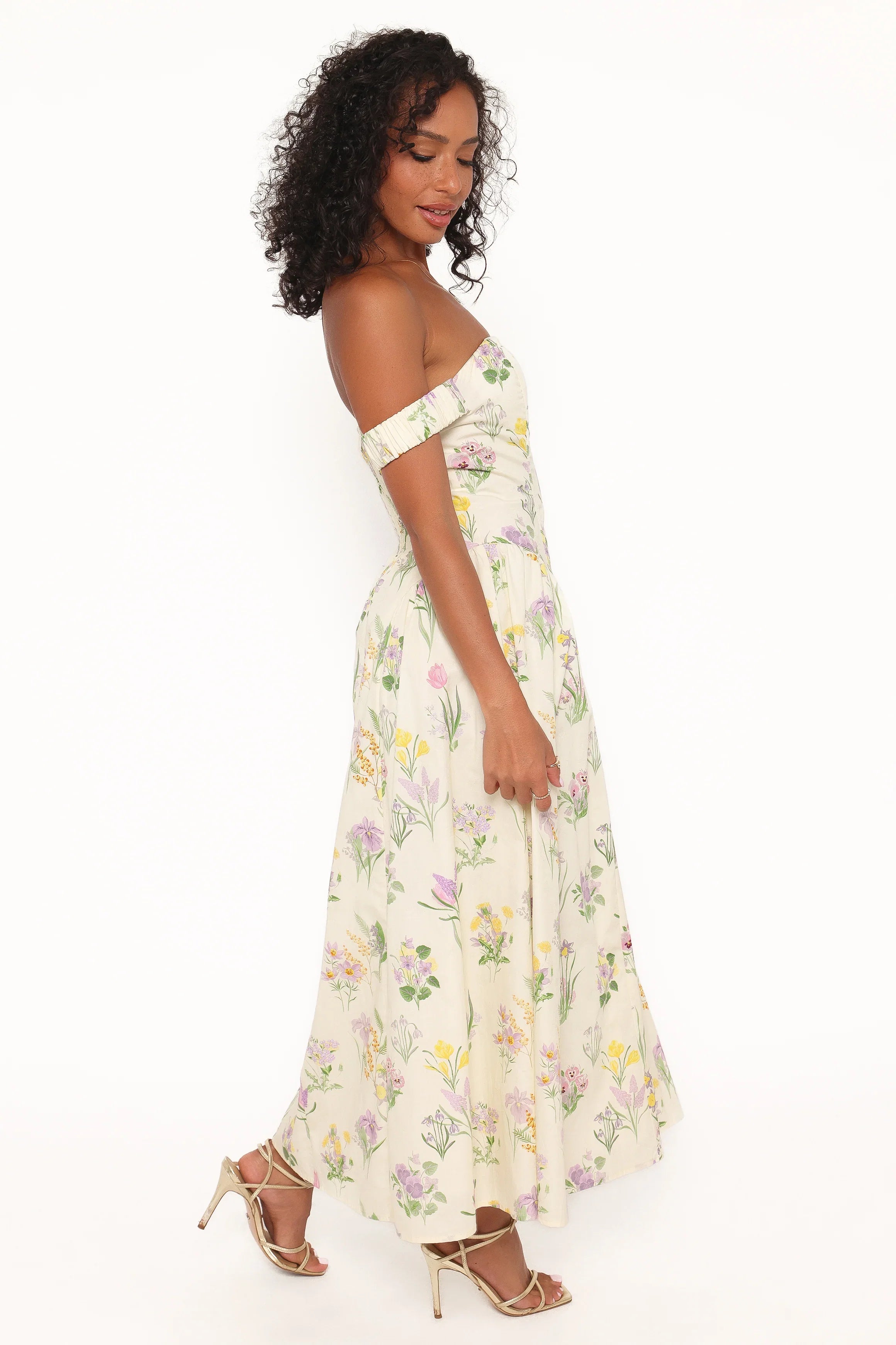 Larni Off Shoulder Midi Dress Lavender Multi