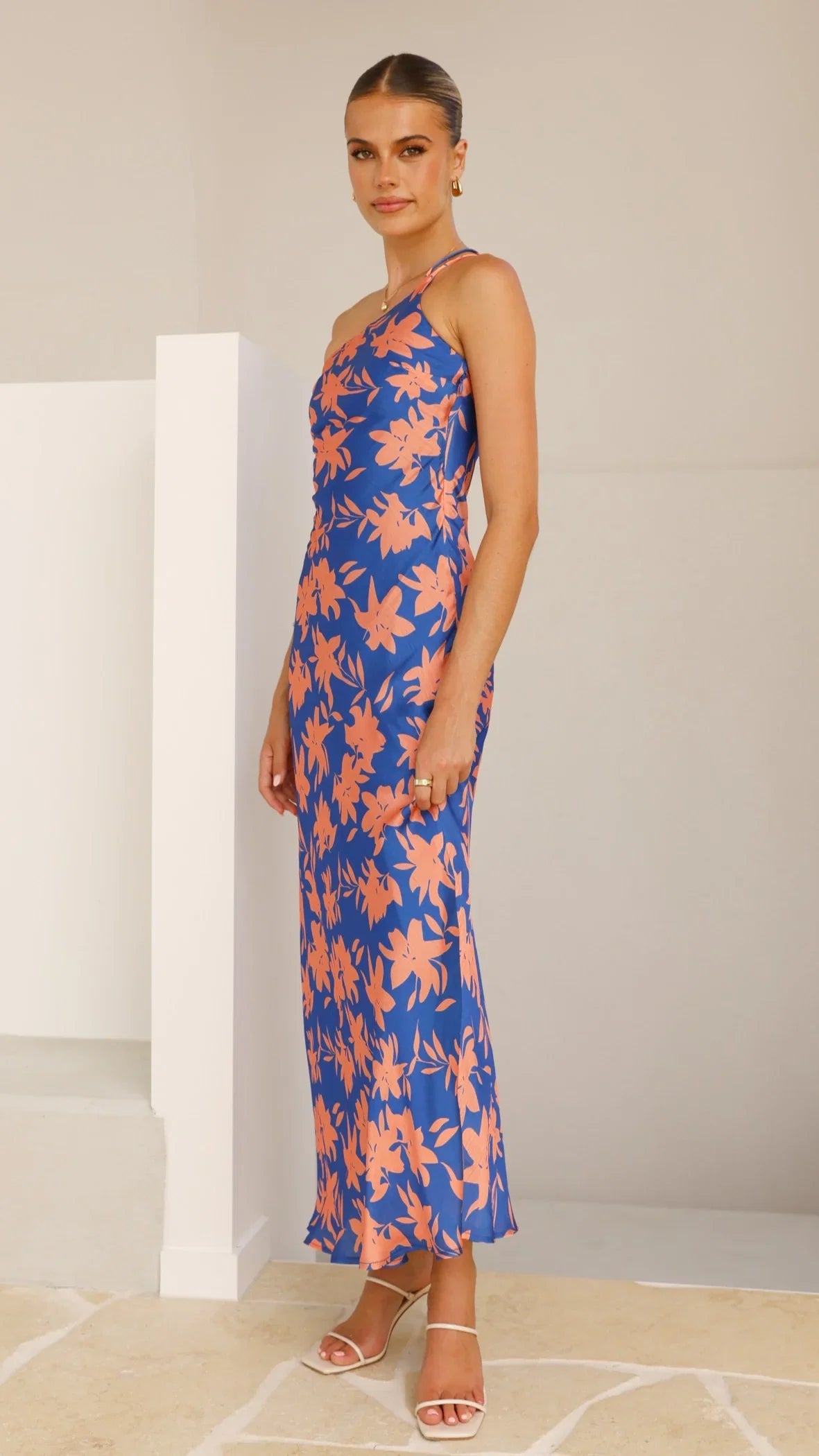 Verity One Shoulder Maxi Dress Orange Blue Floral