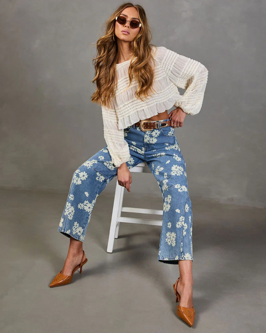 Daisy Ridge Rigid Barrel Leg Mid Rise Floral Jeans
