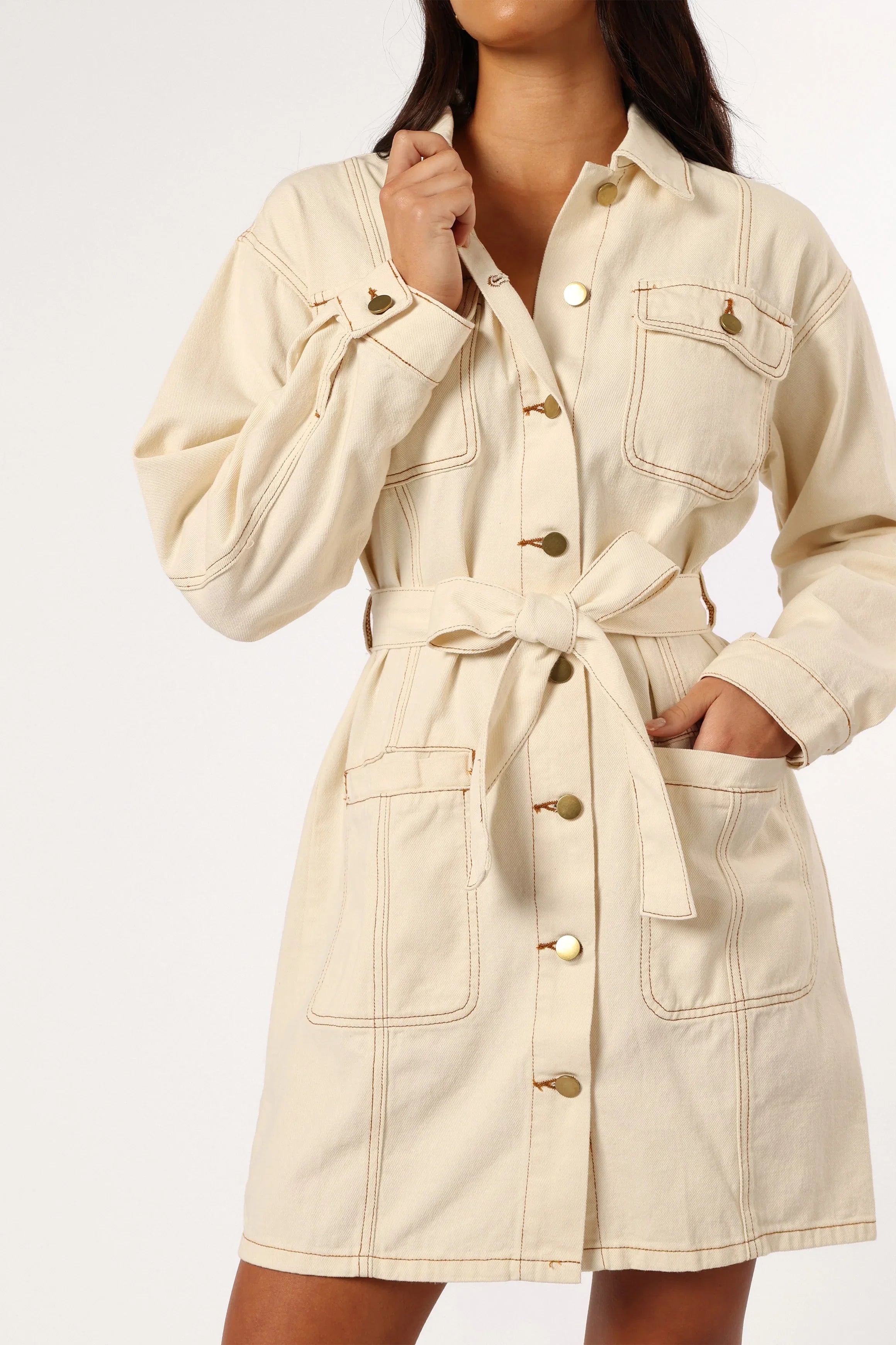 Otto Long Sleeve Mini Denim Dress Sand