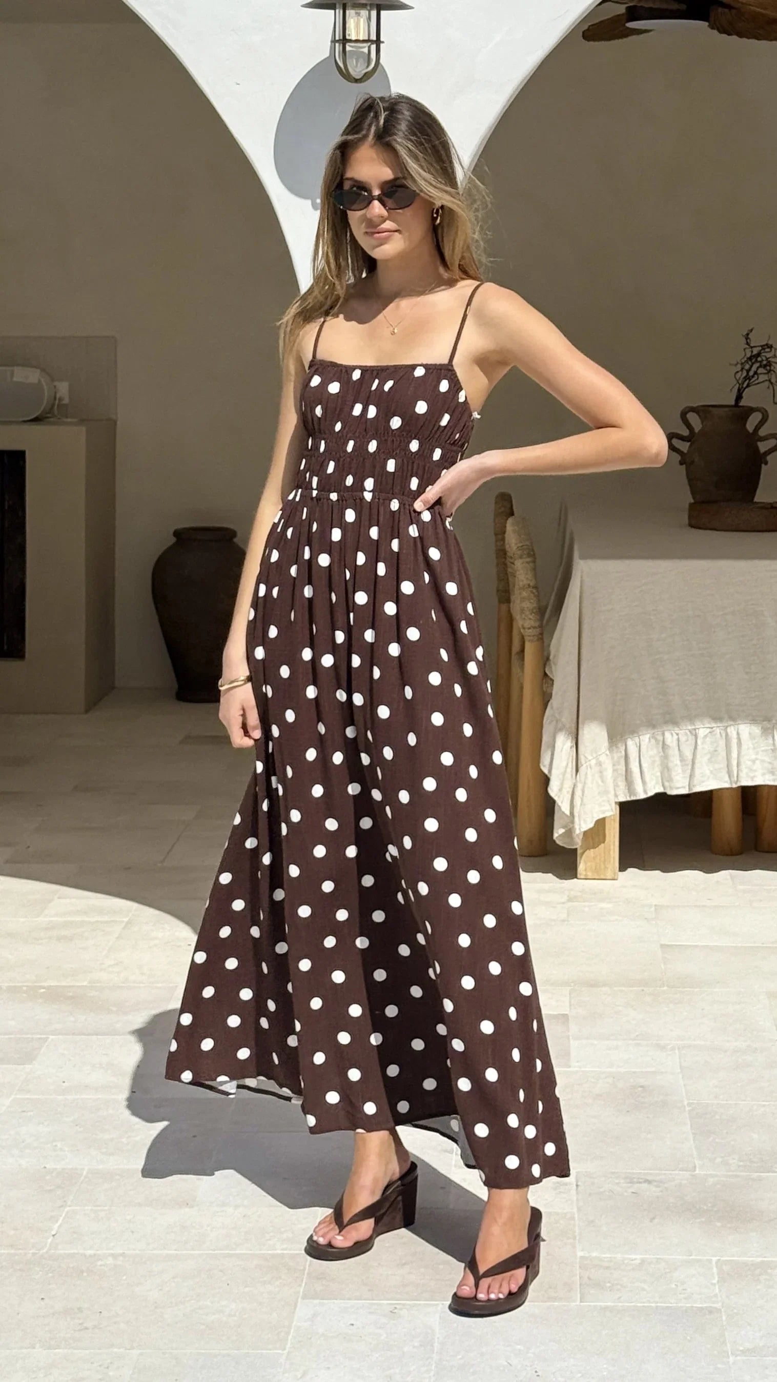 Solare Maxi Dress Brown White Polka