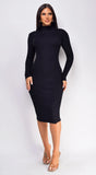 Cielo Mock Neck Long Sleeve Ribbed Mid Dress Black