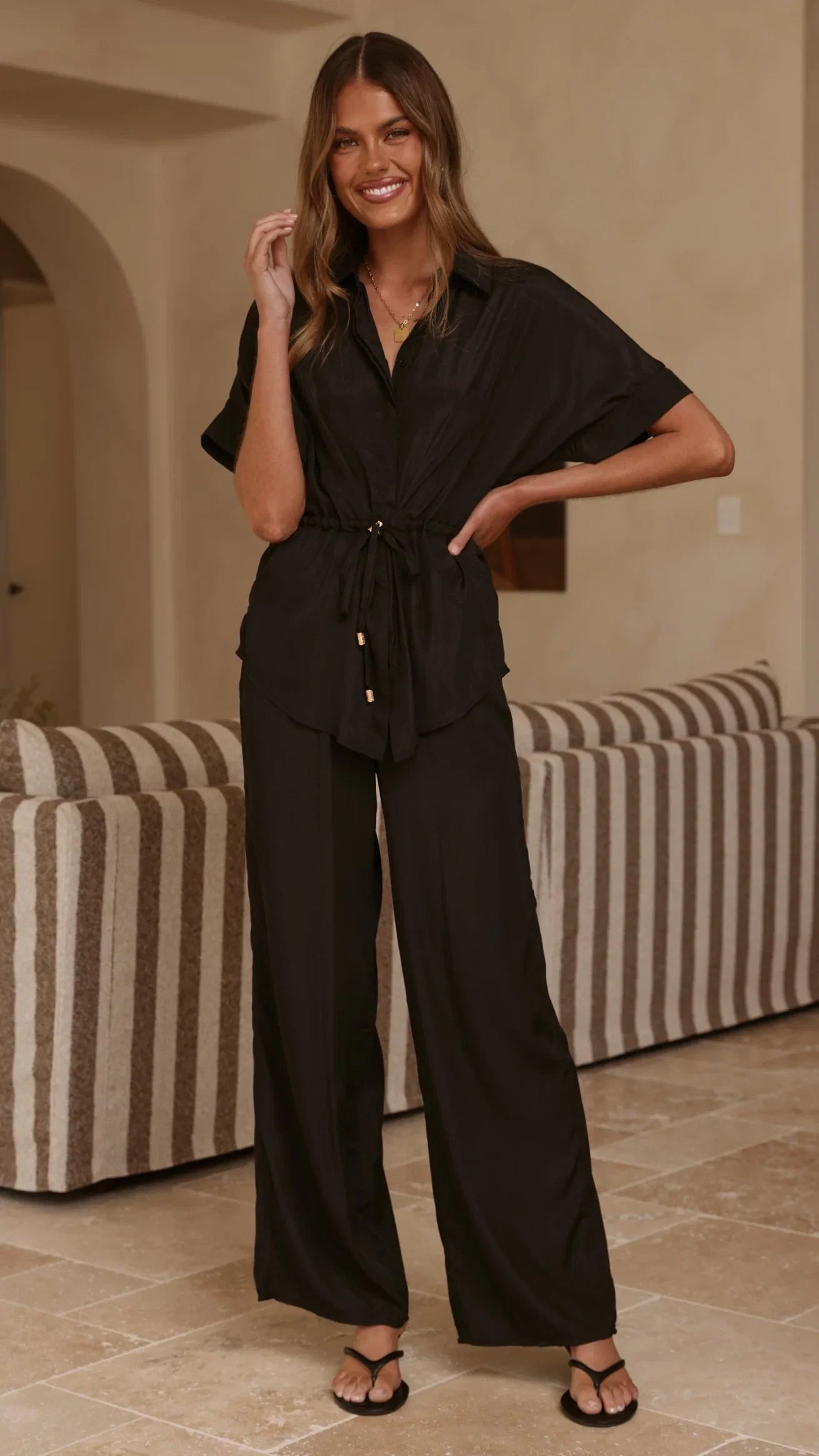 Velice Tie Top and Pants Set Black
