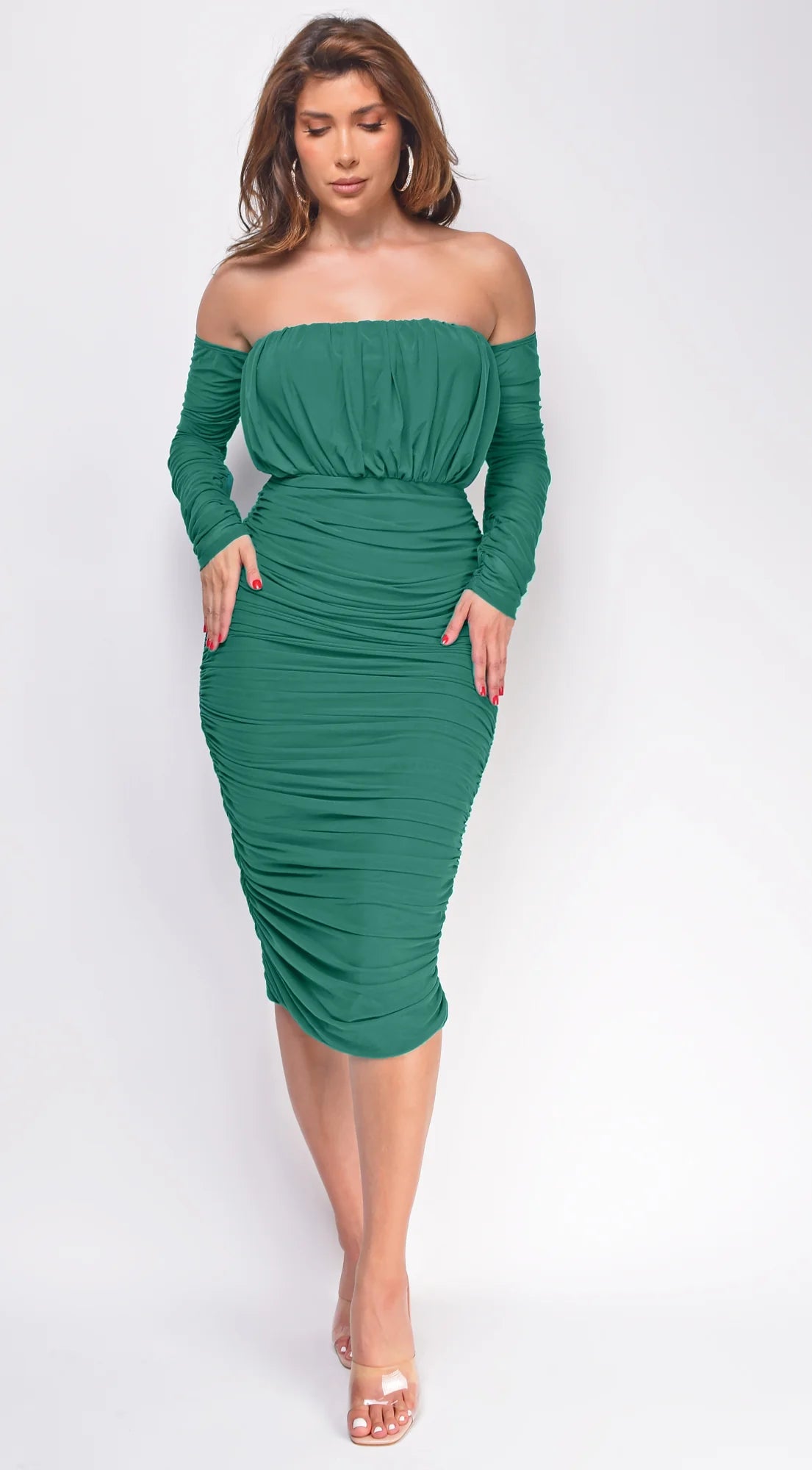 Annora Mesh Long Sleeve Ruched Midi Dress Green