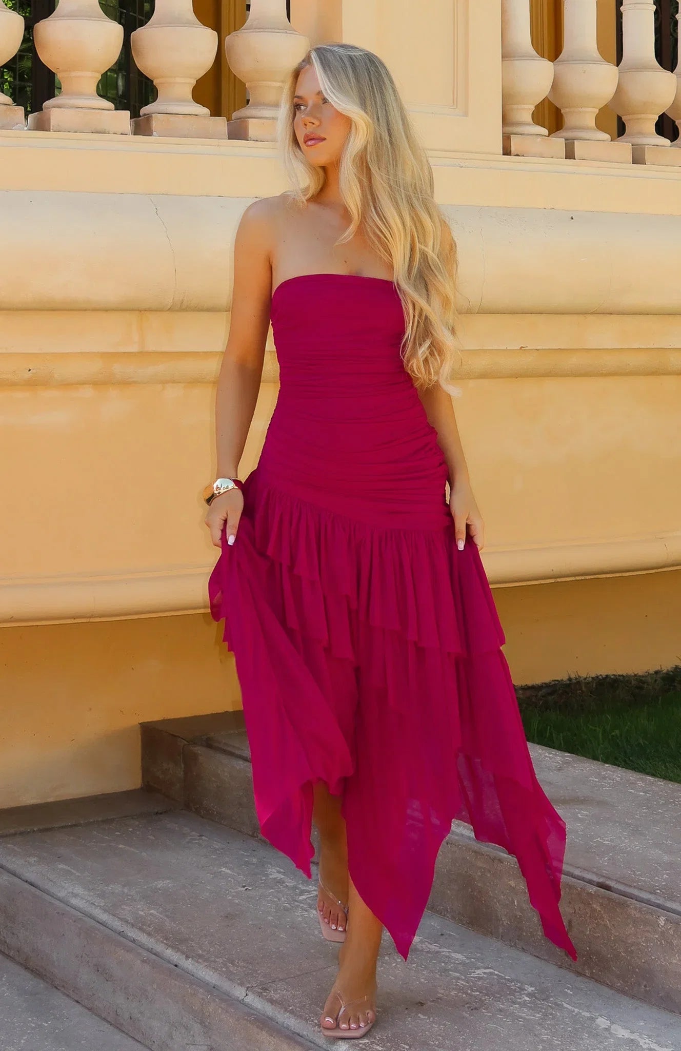 Venetian Dreams Strapless Midi Dress Dragonfruit