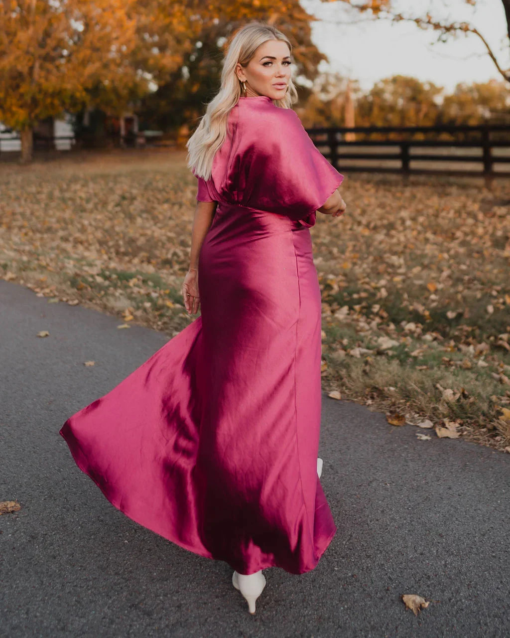 Theia Satin V Neck Maxi Dress