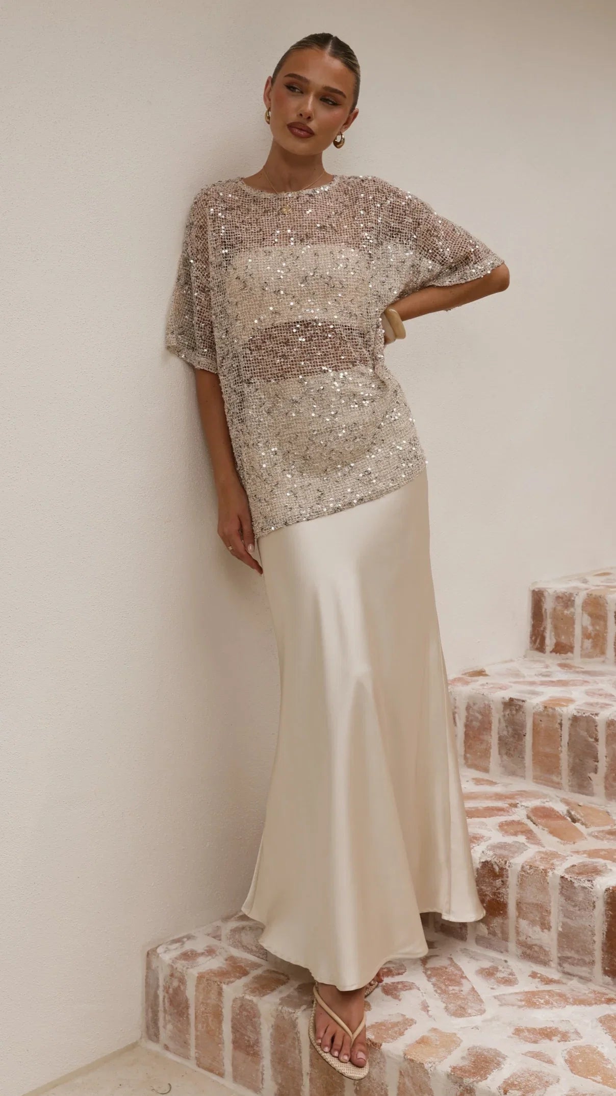 Zinnia Oversized Sequins Tee Beige