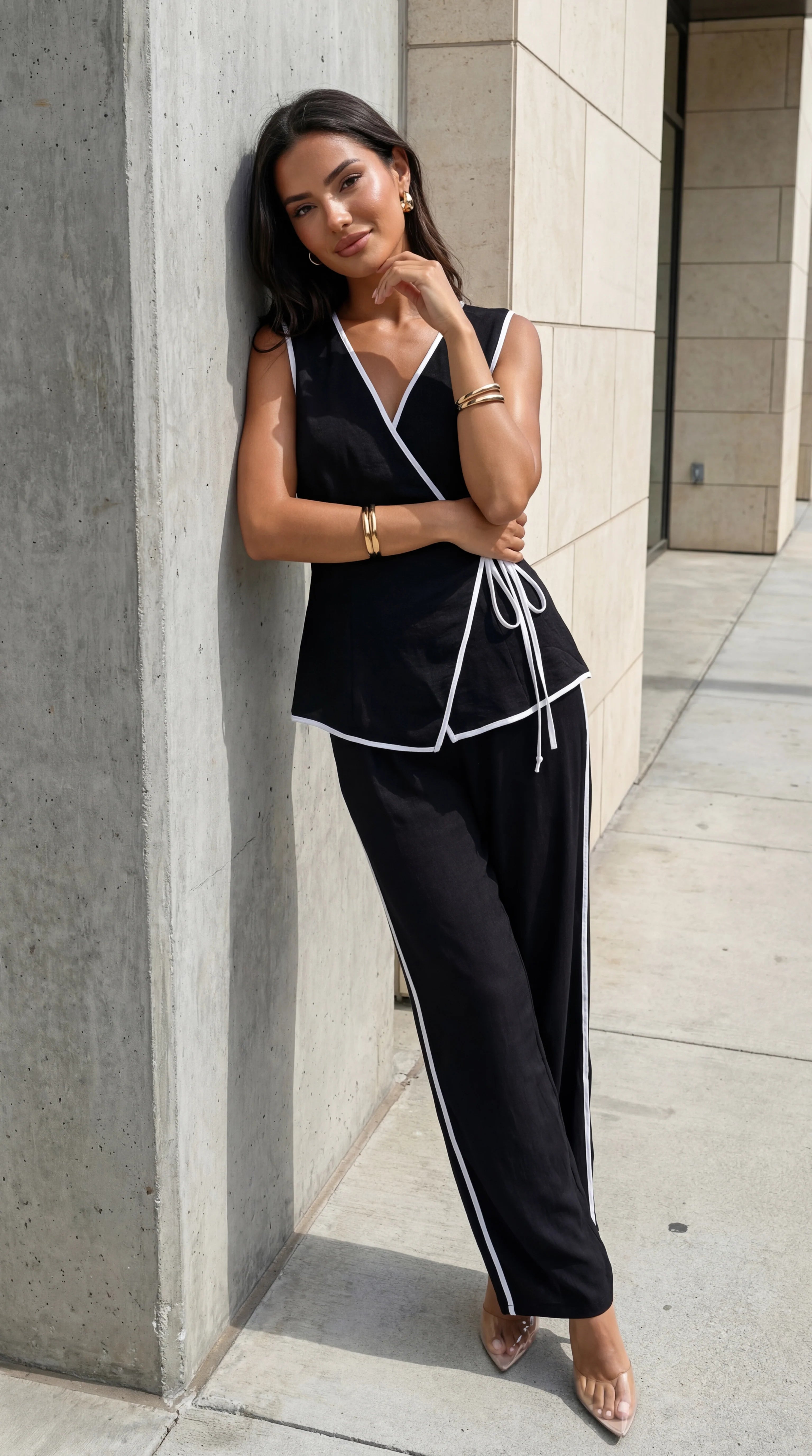Veloria Contrast Textured Wrap Set Black