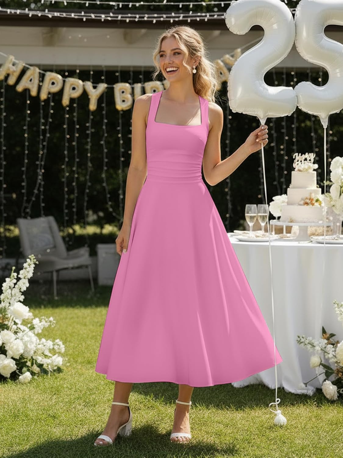 A Line Maxi Dress Ruffle Ruched Waist Flowy Long Dresses