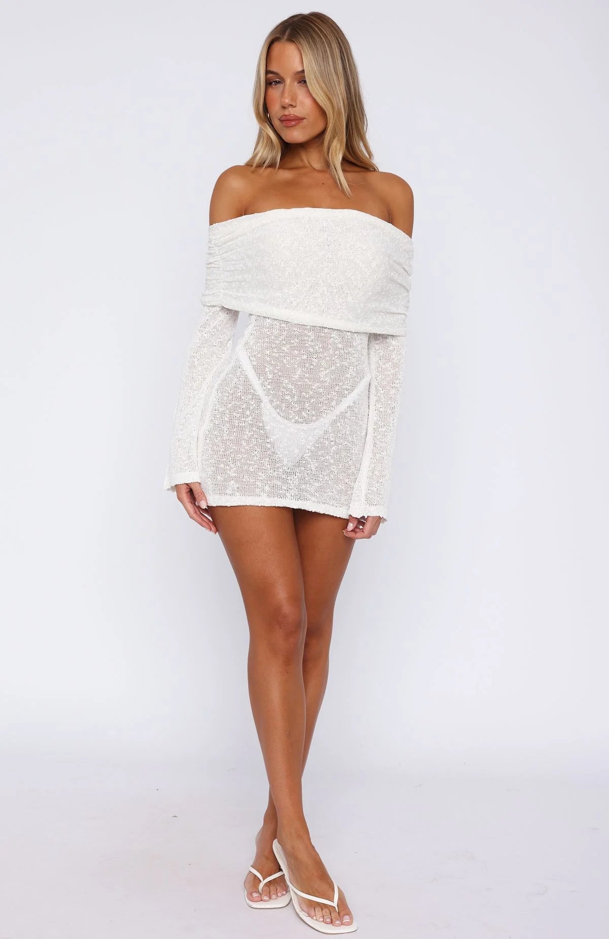 Cant Leave Me Long Sleeve Boucle Mini Dress White