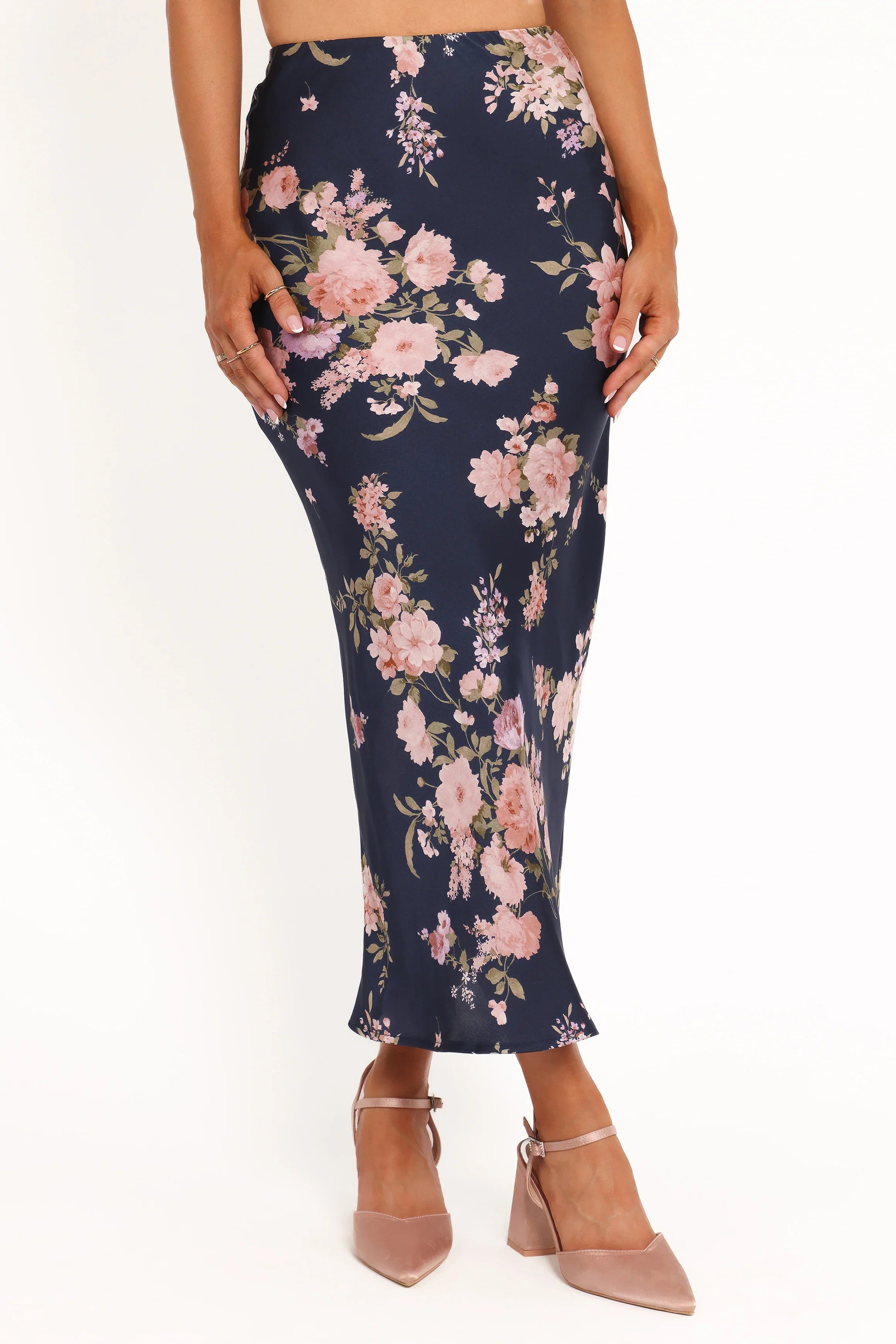 Kenna Satin Midi Skirt Navy Floral