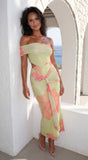 Petaluxe Off Shoulder Floral Print Maxi Dress Light Green Multi
