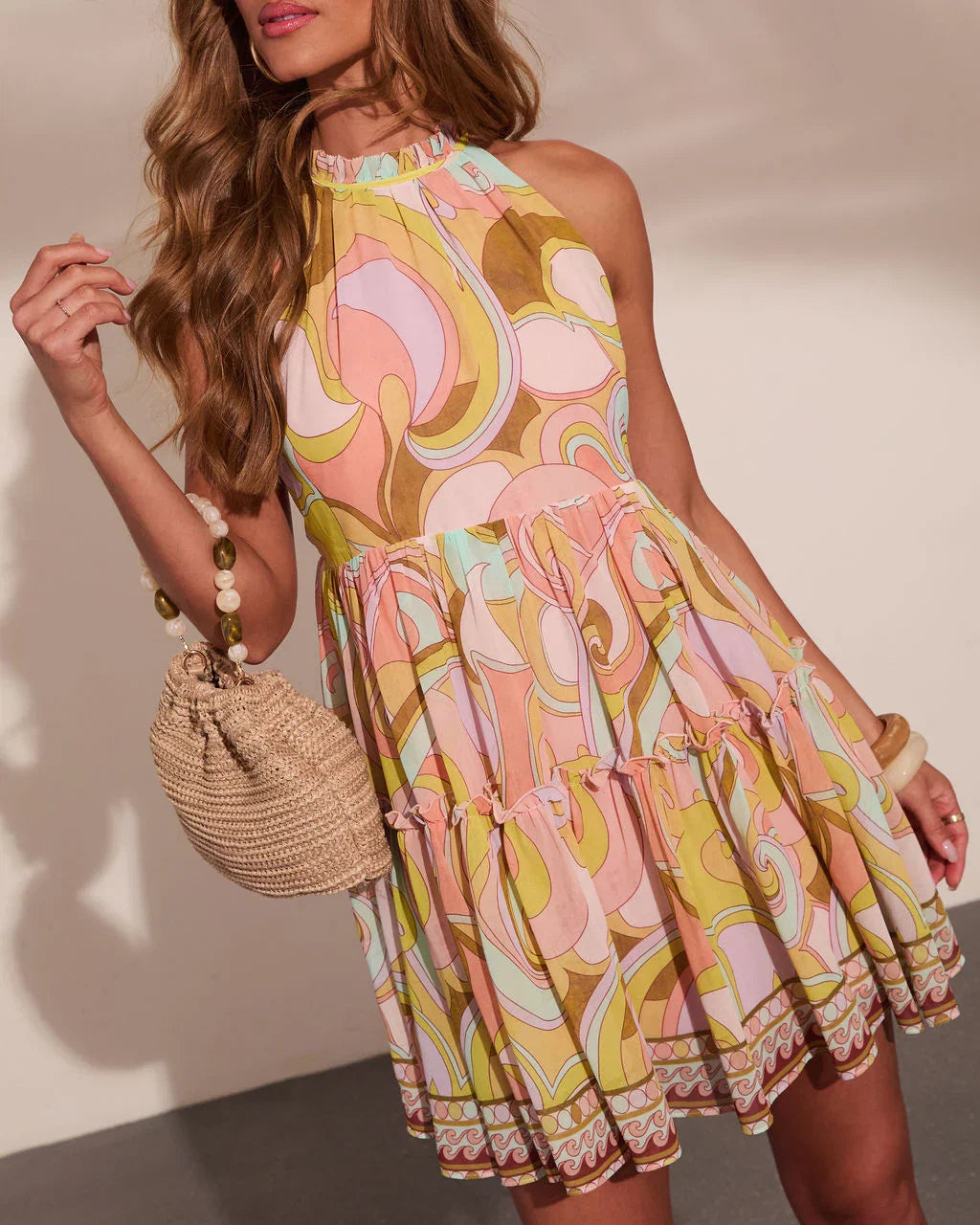 Sable Petals Halter Babydoll Mini Dress