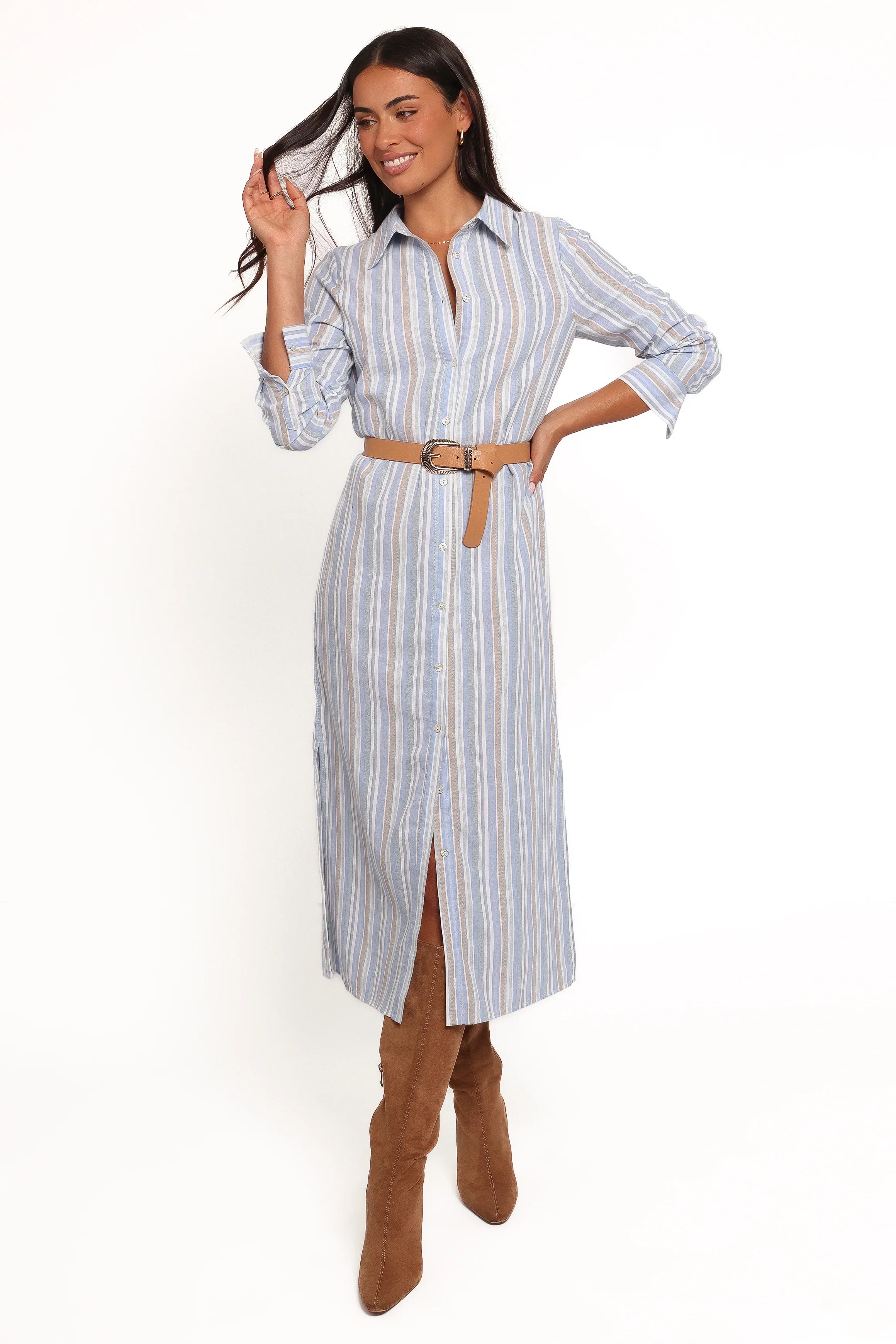 Caprice Long Sleeve Button Down Maxi Dress Blue Stripe