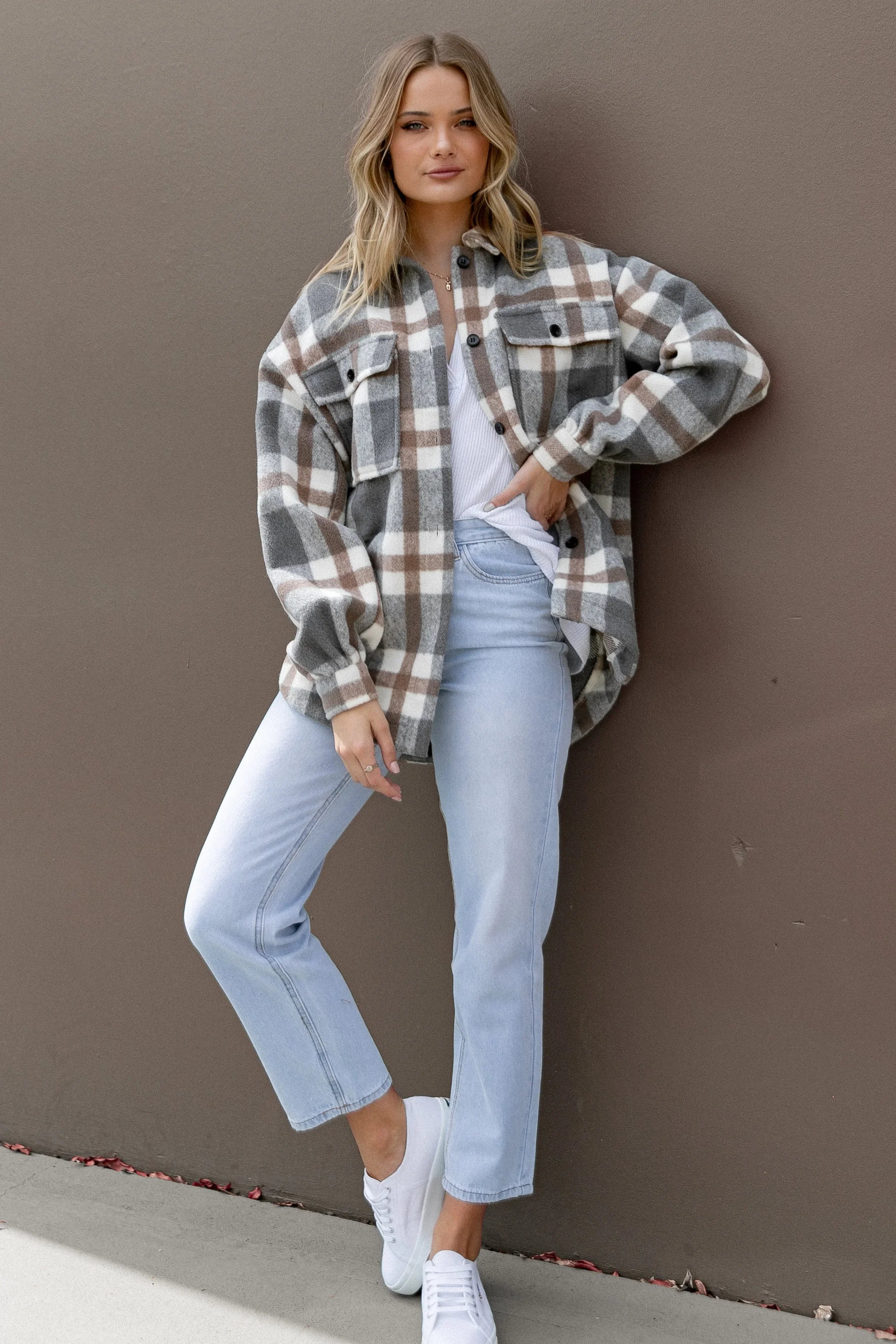 Alex Double Breasted Pocket Shacket Grey Check