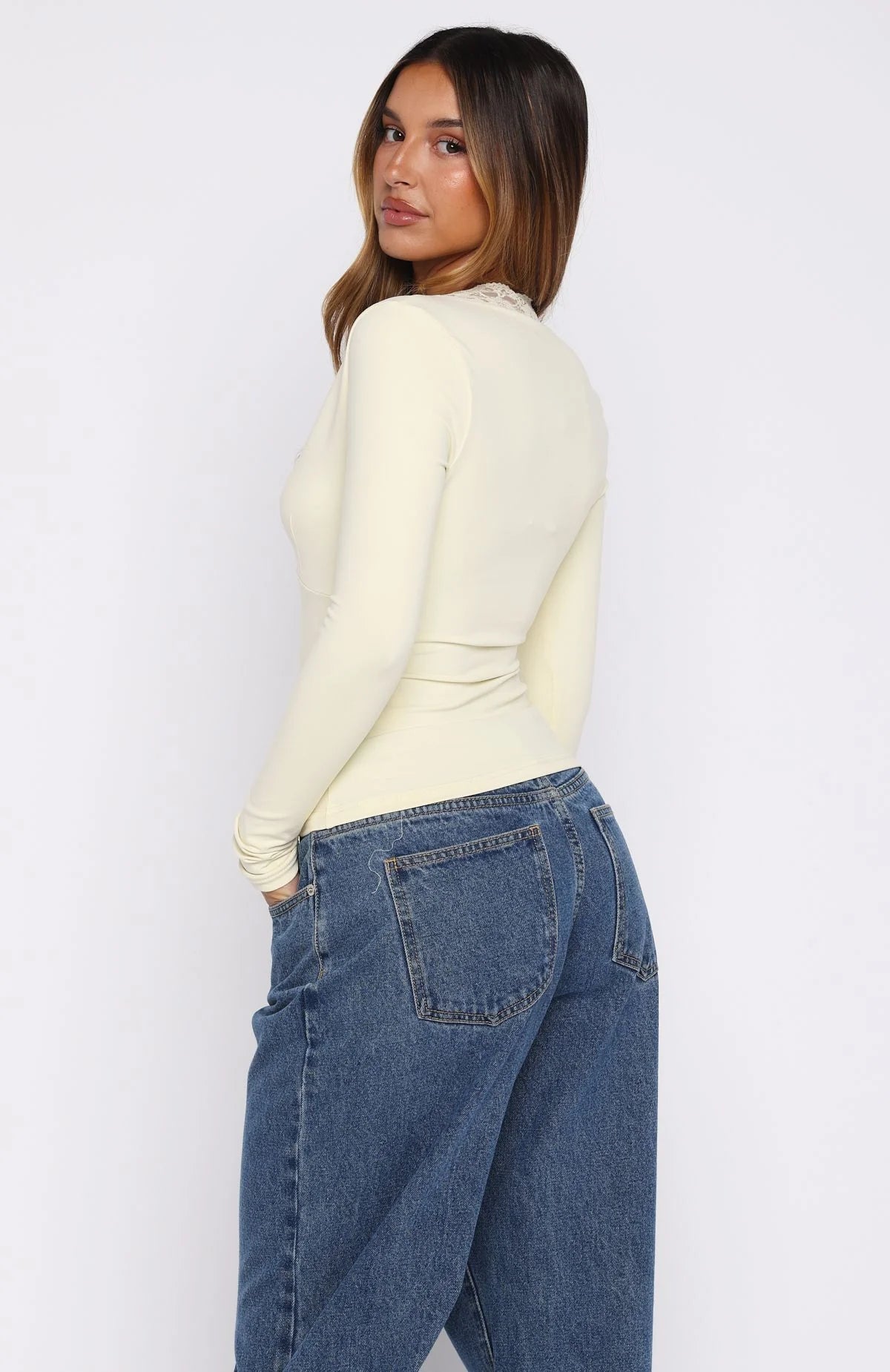 Knew That All Along Lace Trim Long Sleeve Top Lemon