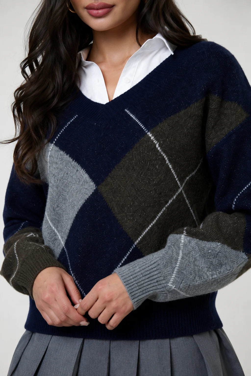 Noxley Argyle V Neck Long Sleeve Sweater Navy