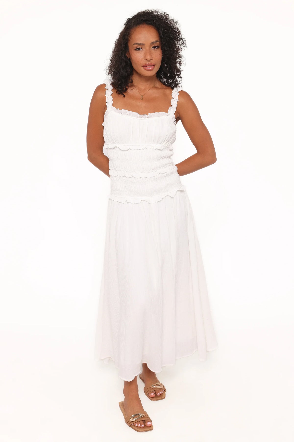 Enola Gather Midi Dress White