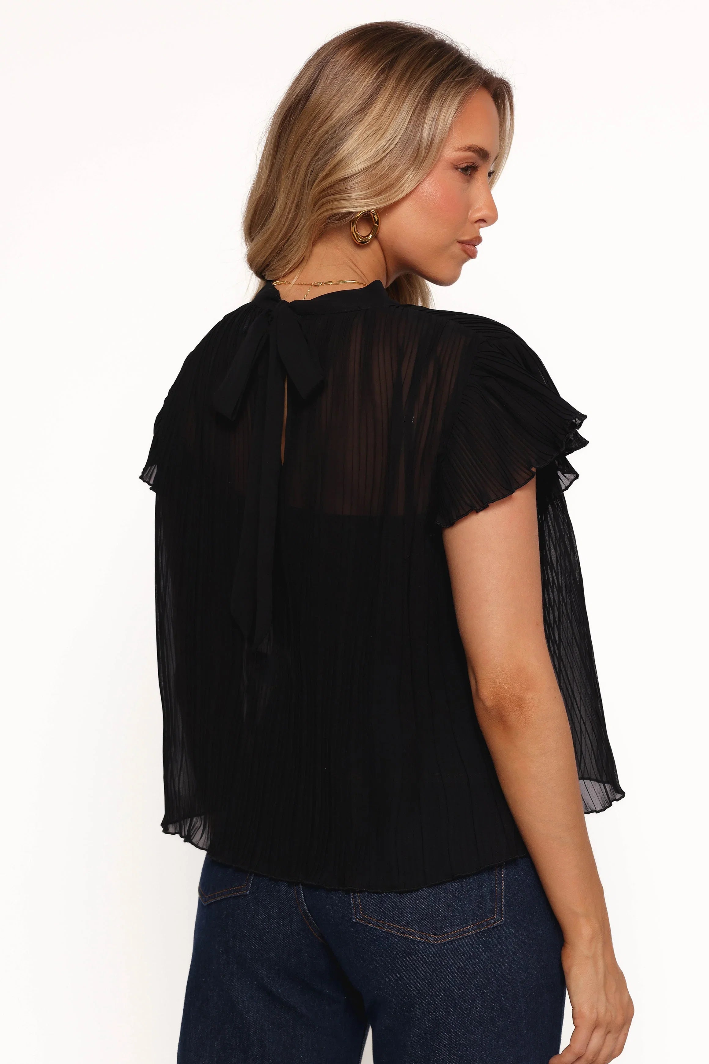 Topia Pleated Flutter Sleeve Top Black