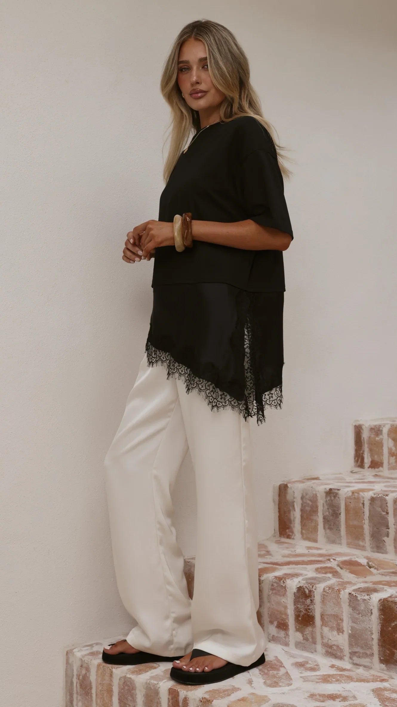 Mirandah Satin Panel T Shirt Black