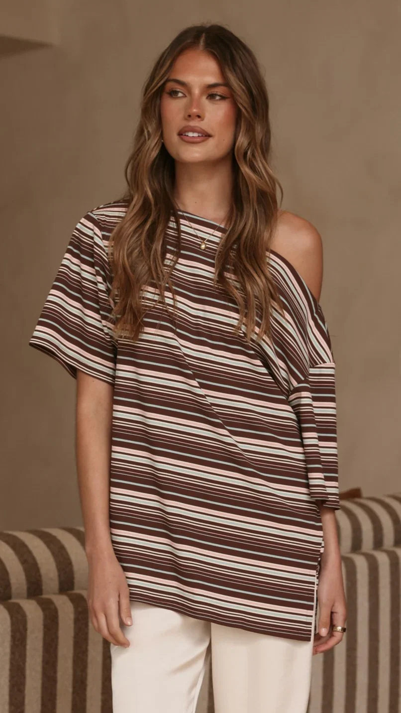 Pia One Shoulder Oversize Tee Choc Blue Stripe