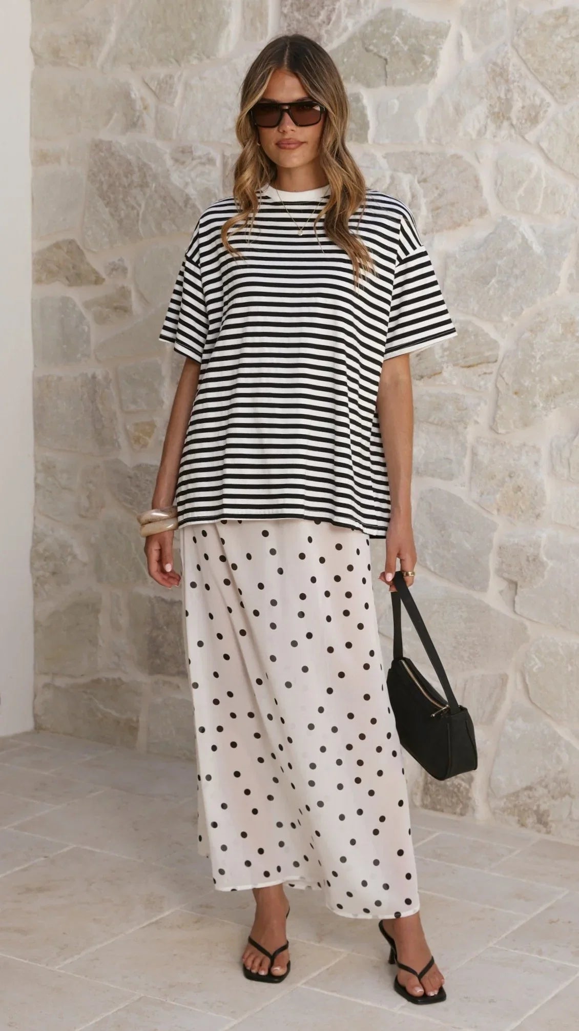 Elisha T Shirt and Sheer Maxi Skirt Set Black White Stripe and Polka Dot