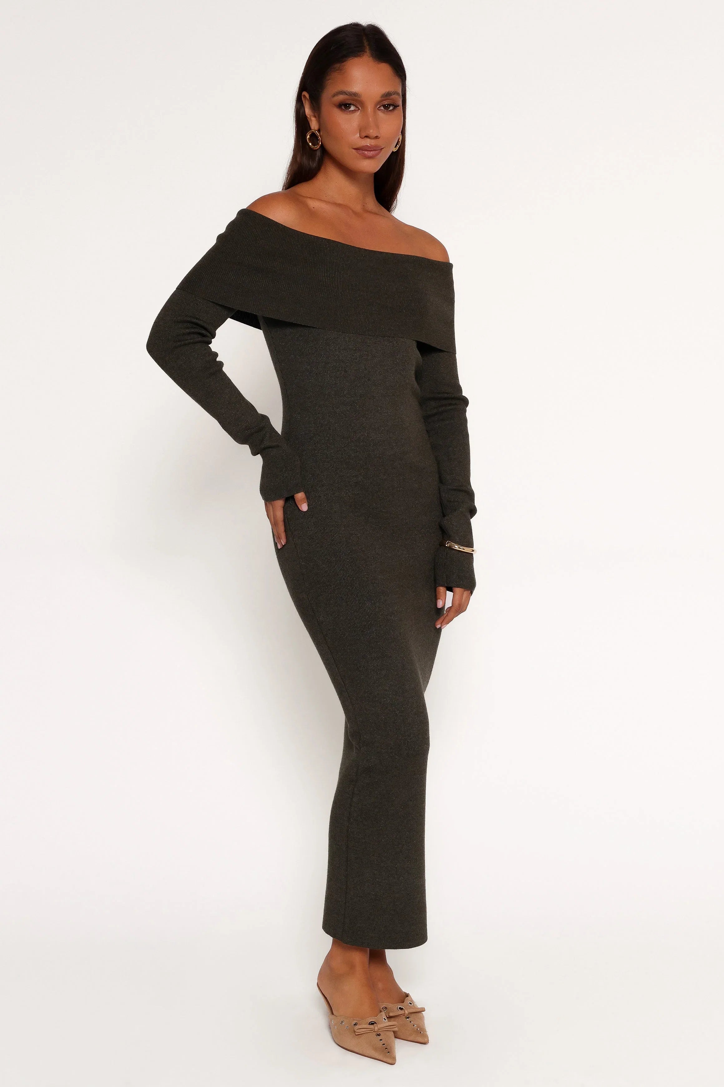Archie Off The Shoulder Midi Dress Olive