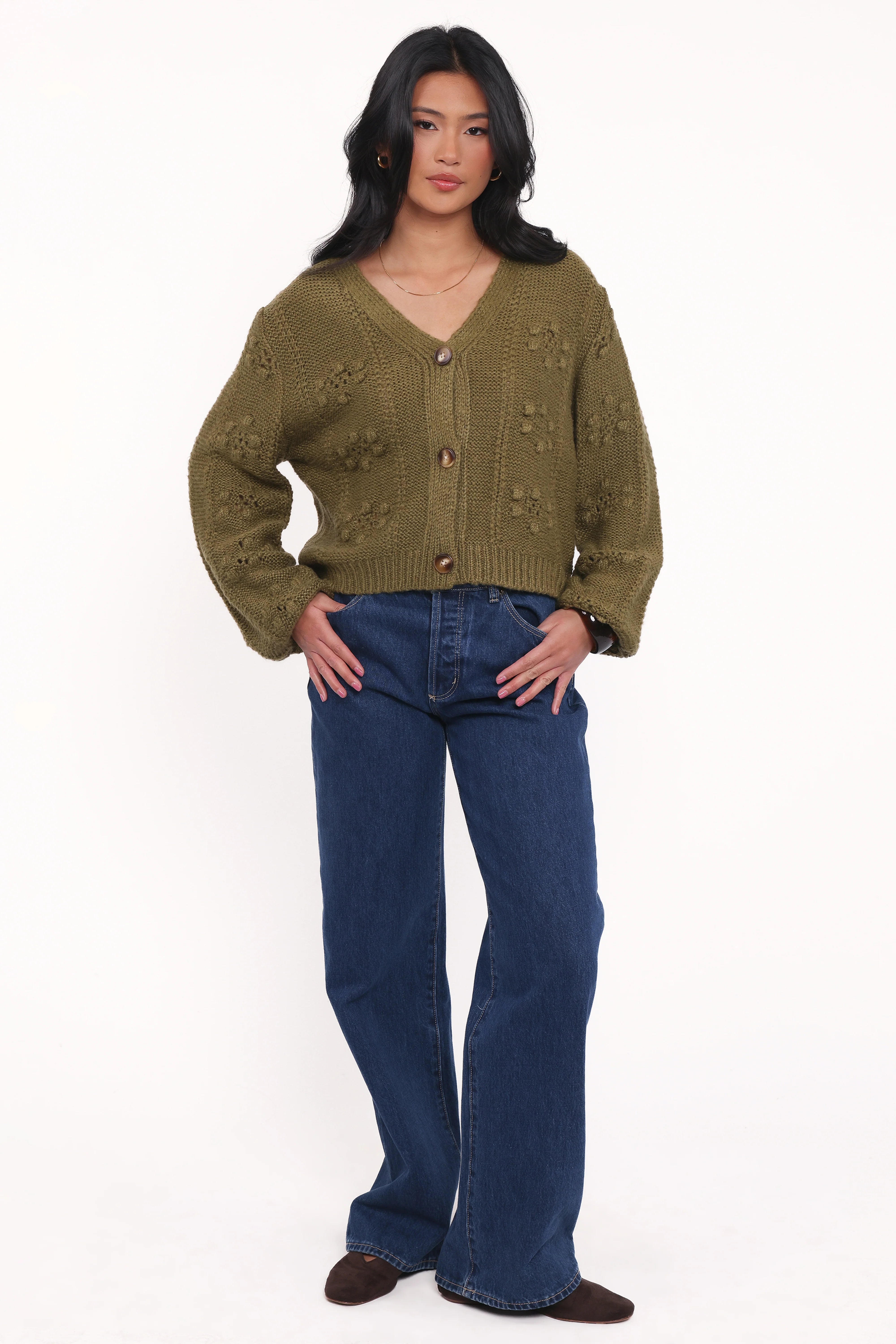 Melody Textured Button Up Cardigan Olive