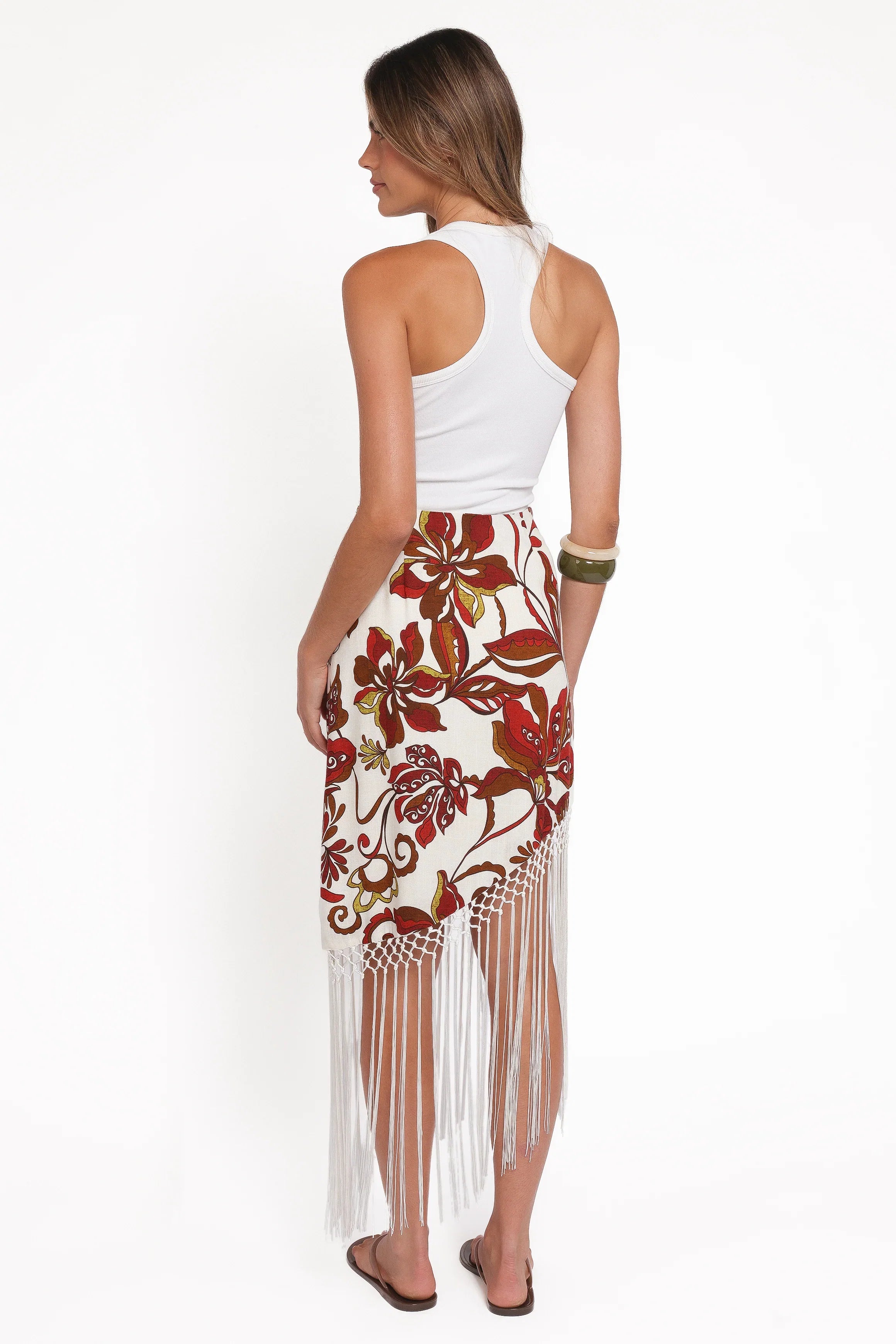 Shelby Midi Fringe Skirt Brown Floral