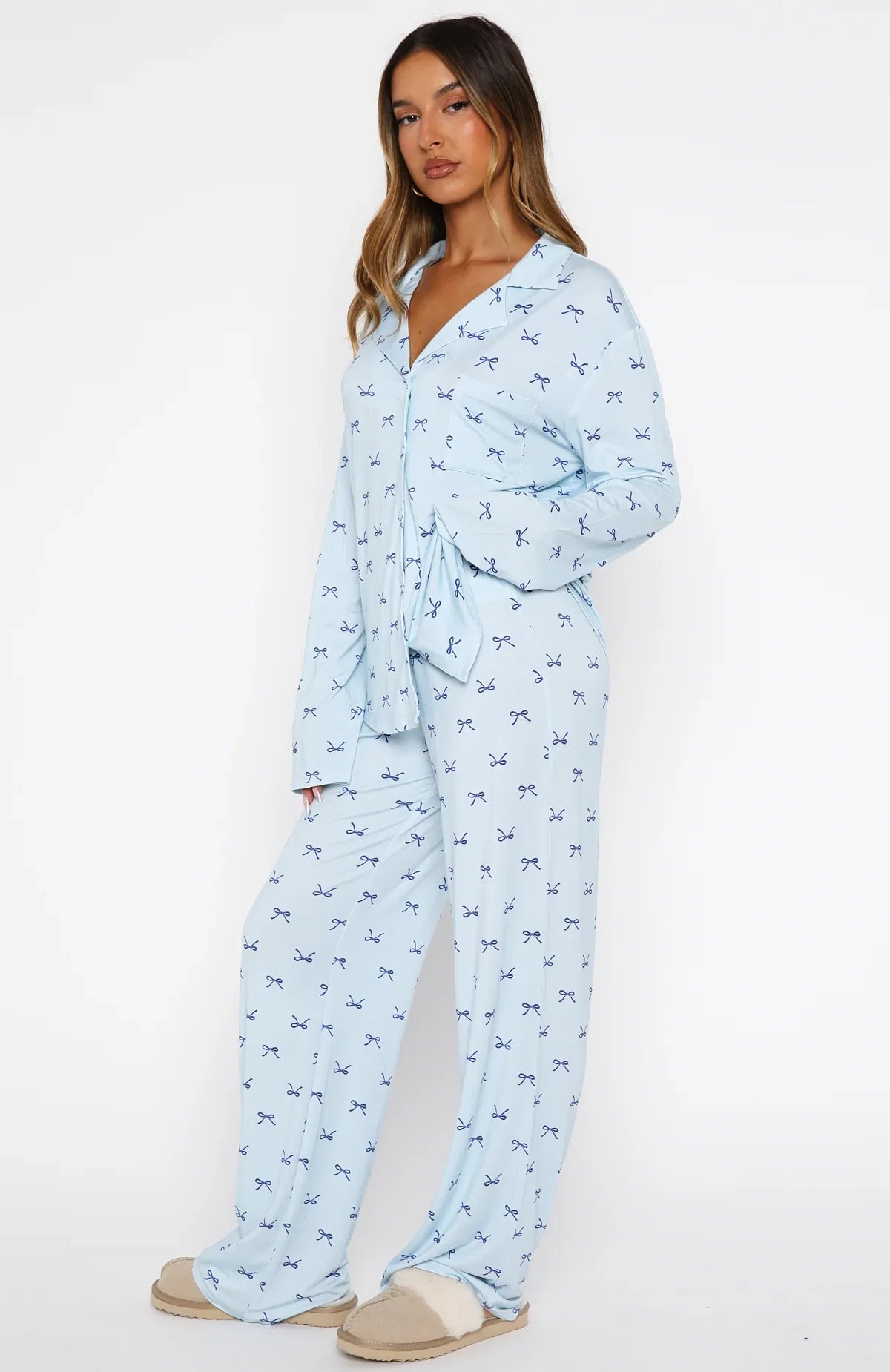 Pillow Talk Printed Long Sleeve Pyjama Set Sky Ribbons