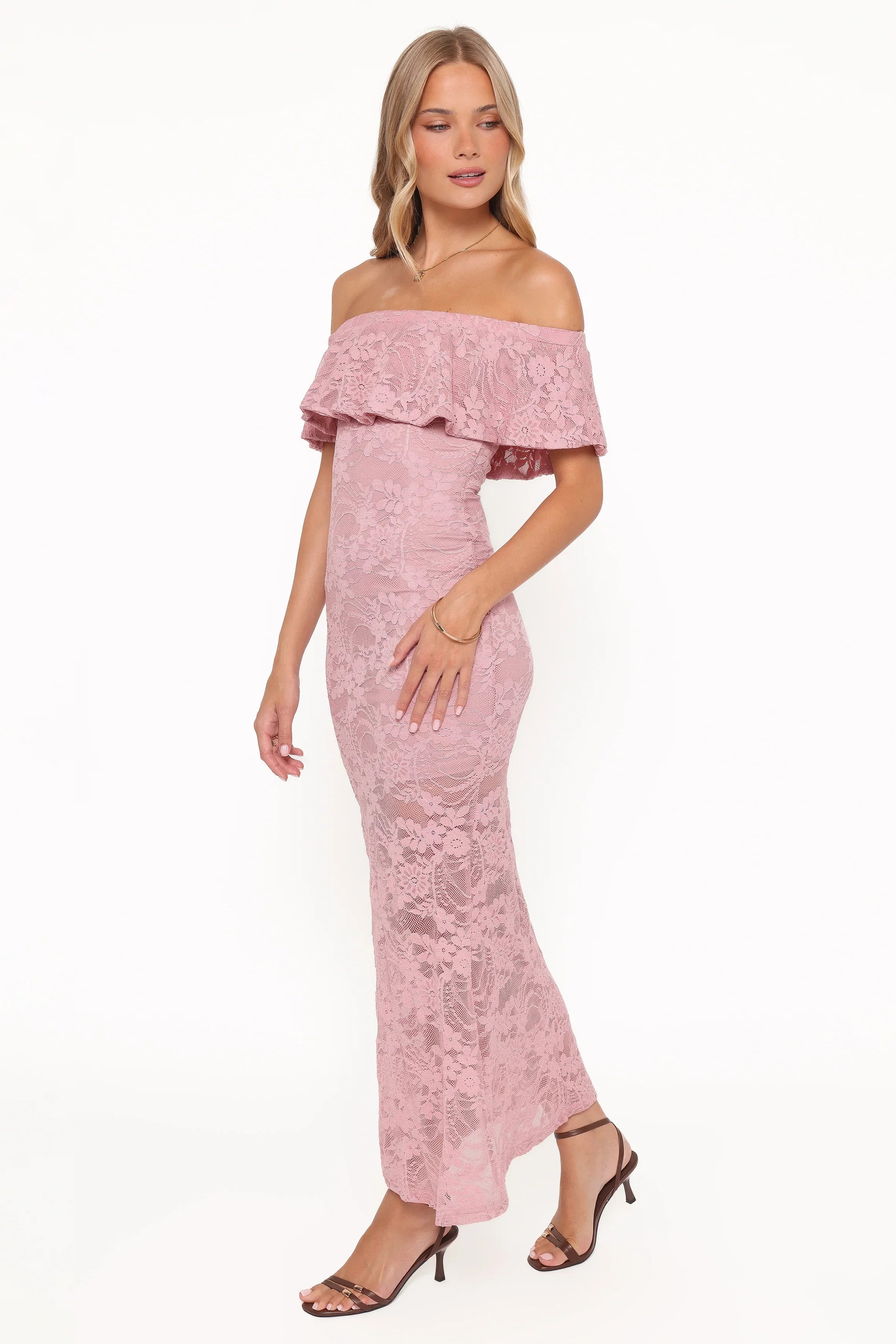 Mirelle Off Shoulder Lace Maxi Dress Pink