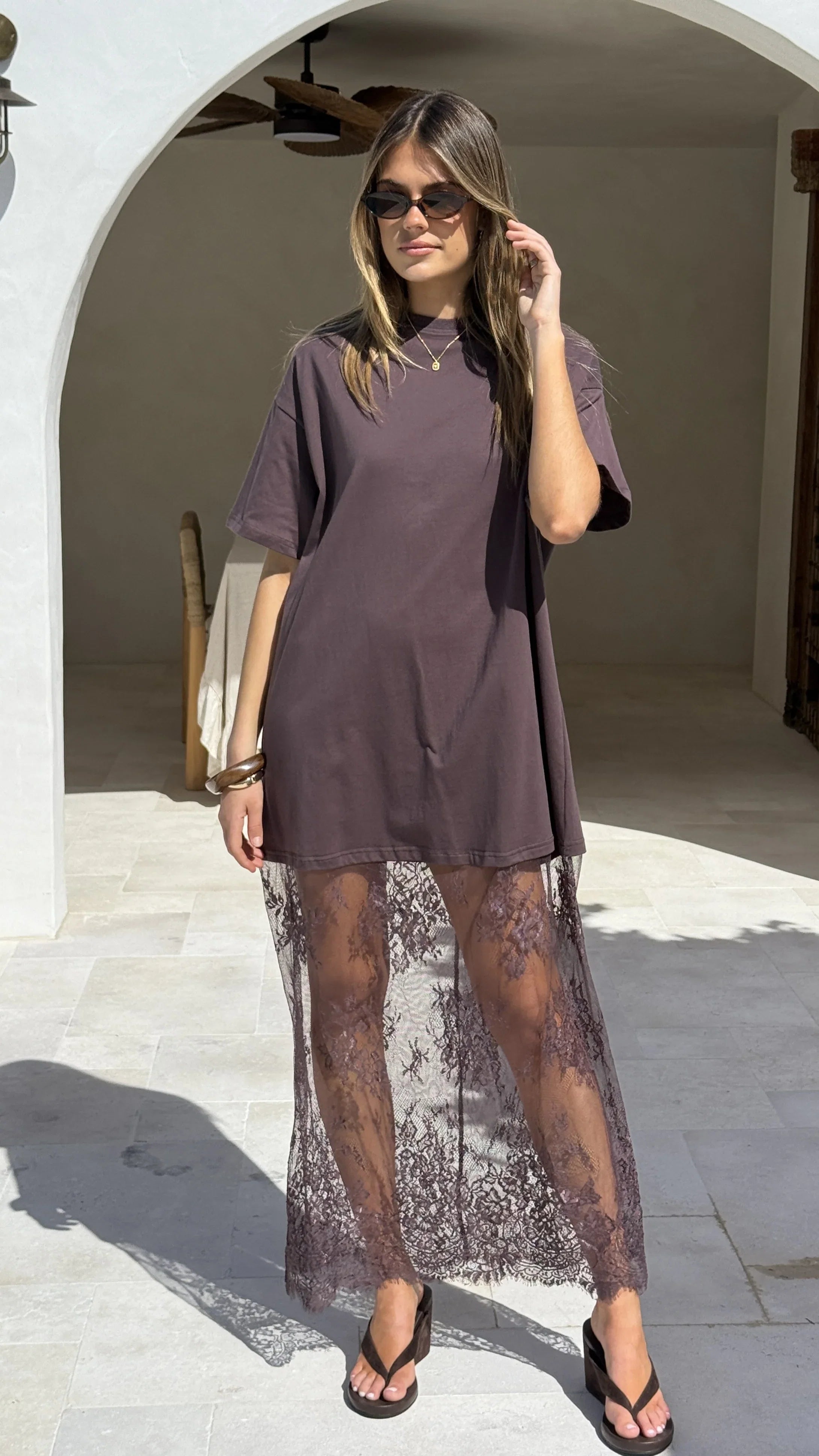 Raina T Shirt Maxi Dress Brown Lace