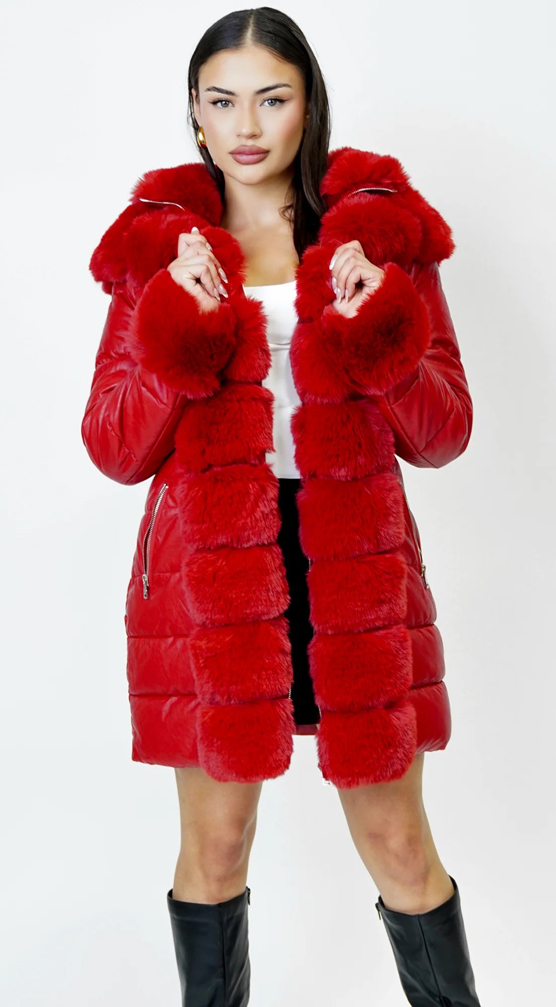 Glacier PU Puffer Fur Jacket Red