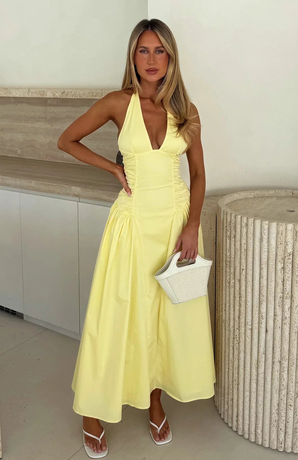 Tinsel Trouble Halter Midi Dress Lemon