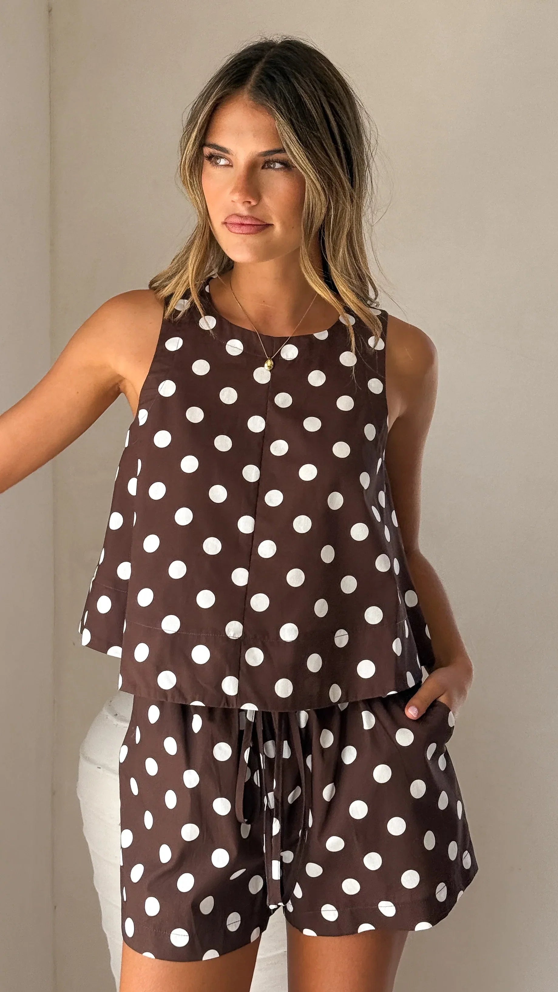 Charmain Top Chocolate White Polka Dot
