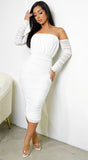 Annora Mesh Long Sleeve Ruched Midi Dress White