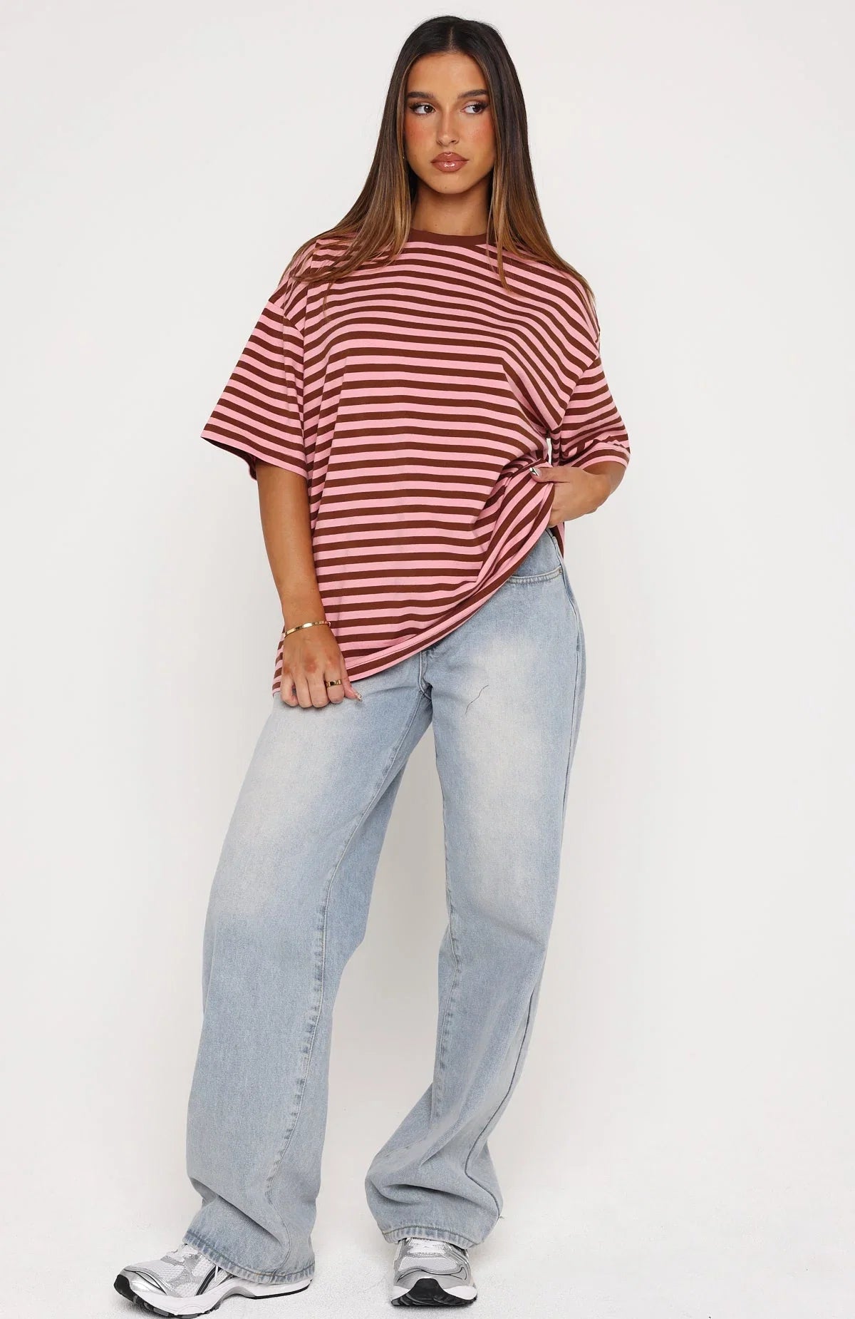 Touchdown Oversized Tee Brown Pink Stripe