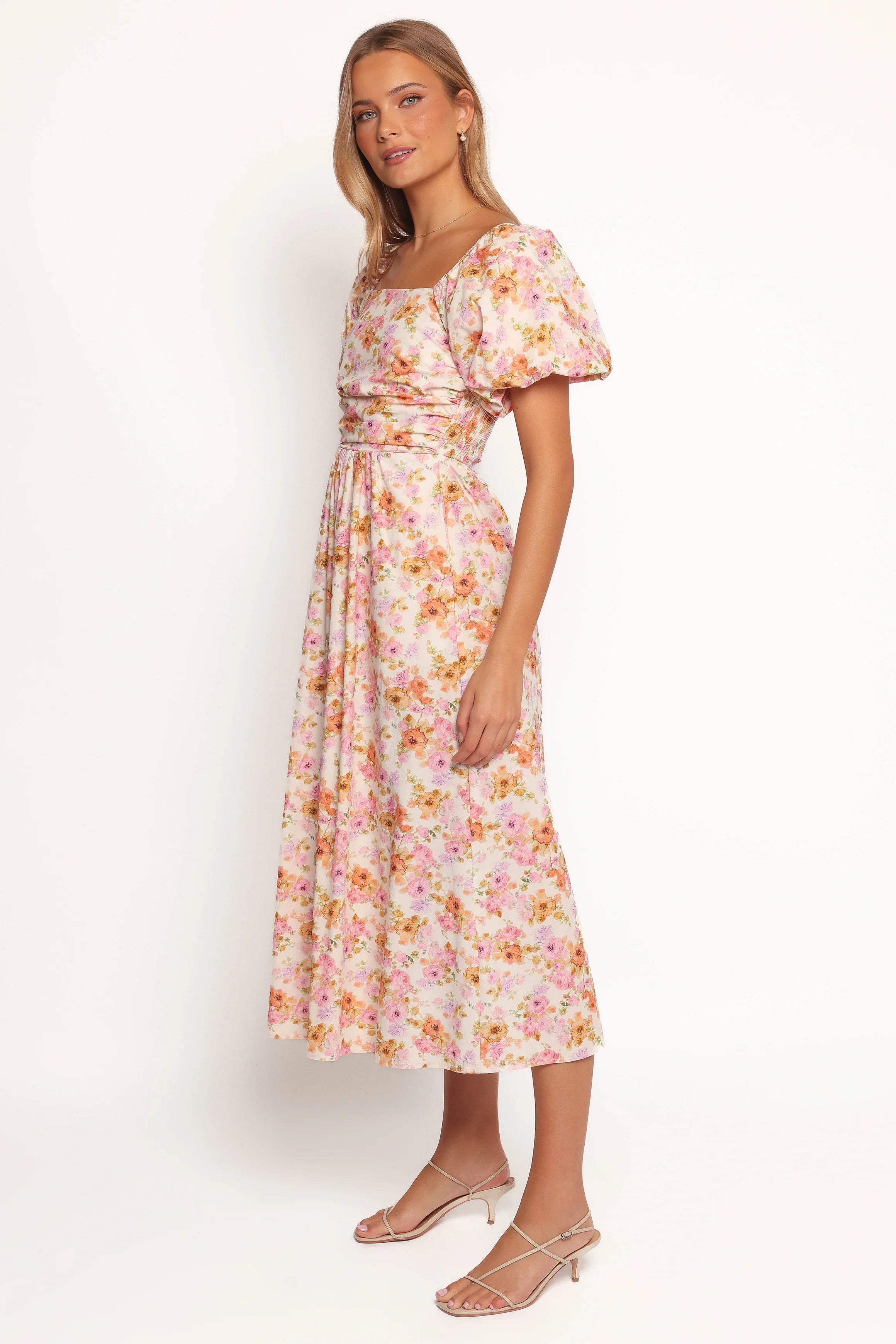 Clo Puff Sleeve Midi Dress Peach Floral