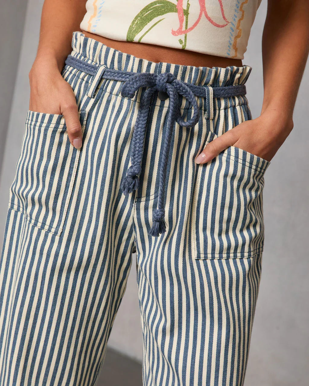 Duah Rigid Straight Leg Pinstripe Waist Tie Jeans